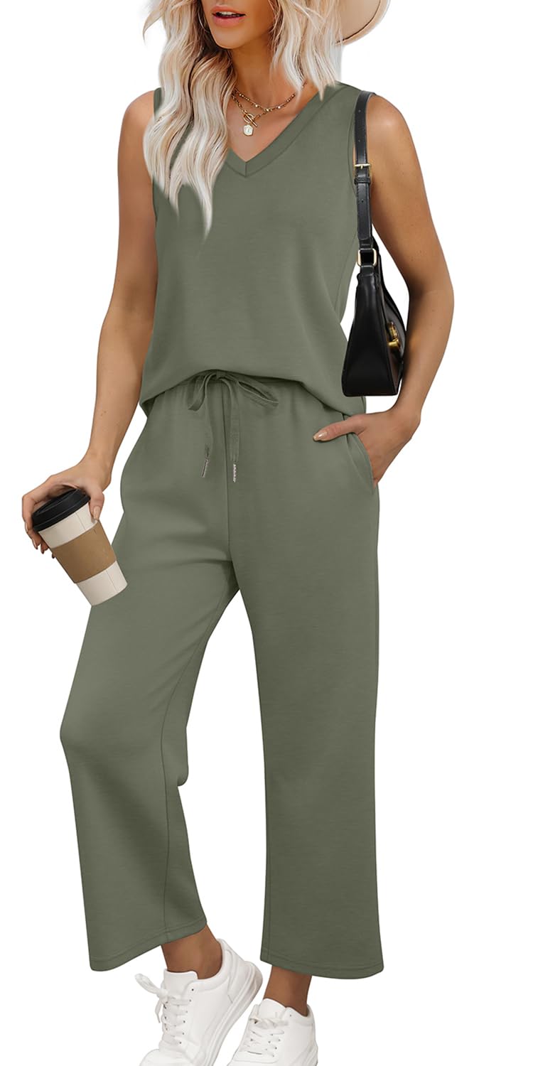 WIHOLL Two Piece Set for Women Summer Outfits Vacation Trendy Lounge Sets V Neck Matching Sets