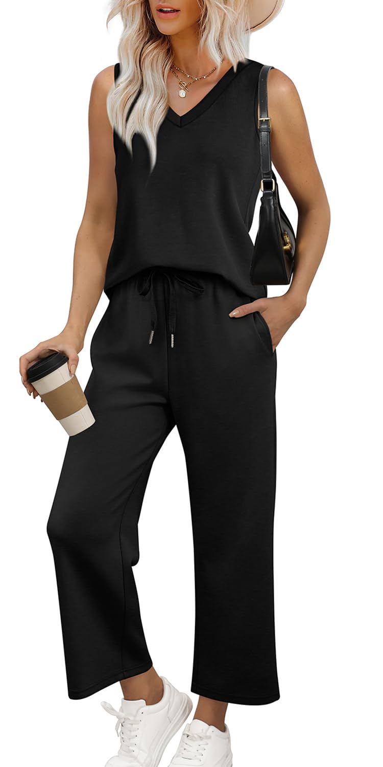 WIHOLL Two Piece Set for Women Summer Outfits Vacation Trendy Lounge Sets V Neck Matching Sets