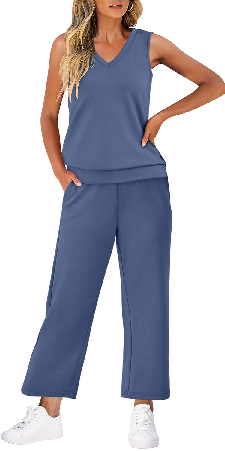 WIHOLL Two Piece Set for Women Summer Outfits Vacation Trendy Lounge Sets V Neck Matching Sets