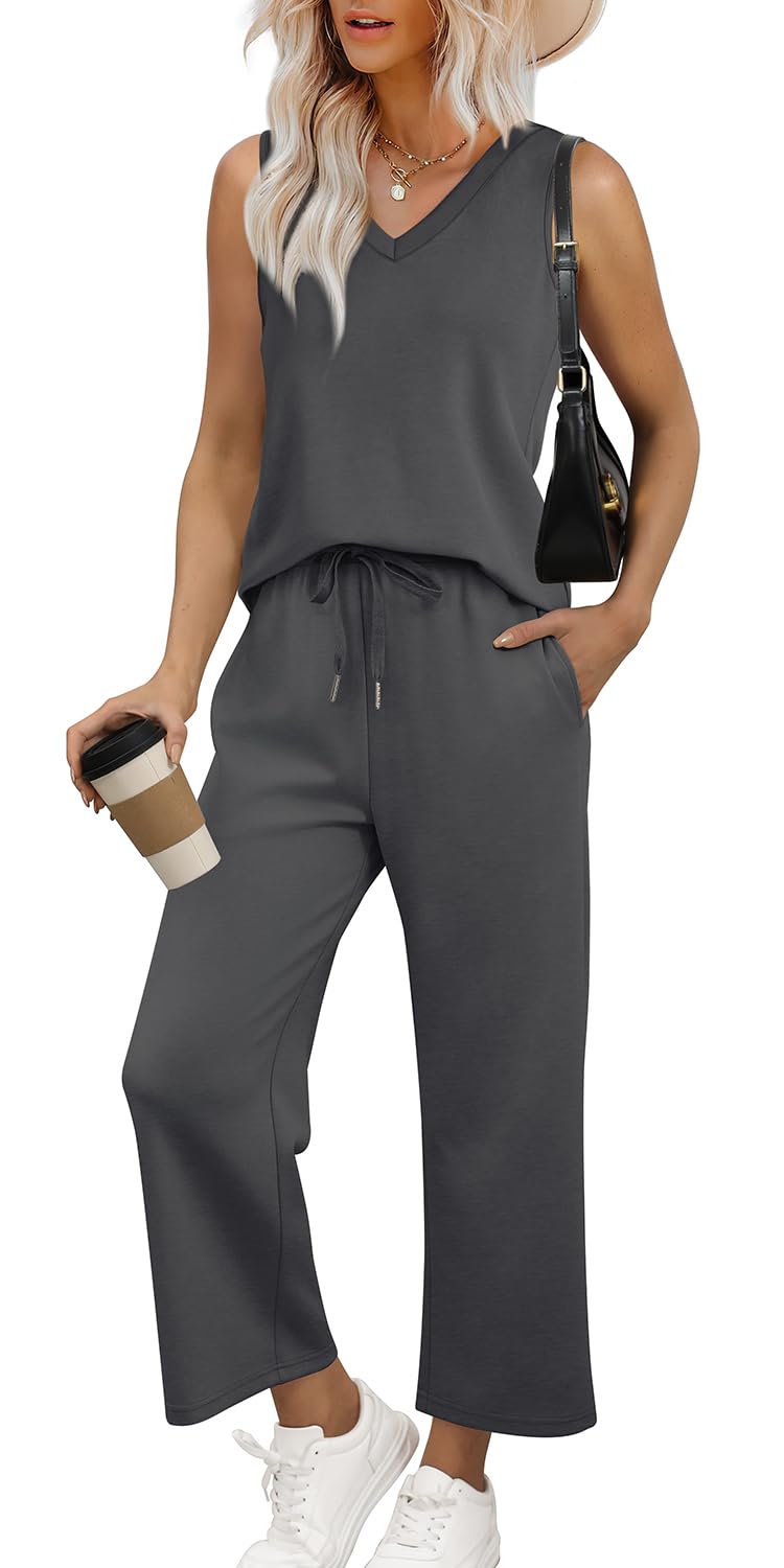 WIHOLL Two Piece Set for Women Summer Outfits Vacation Trendy Lounge Sets V Neck Matching Sets