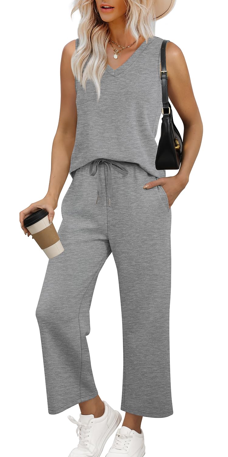 WIHOLL Two Piece Set for Women Summer Outfits Vacation Trendy Lounge Sets V Neck Matching Sets