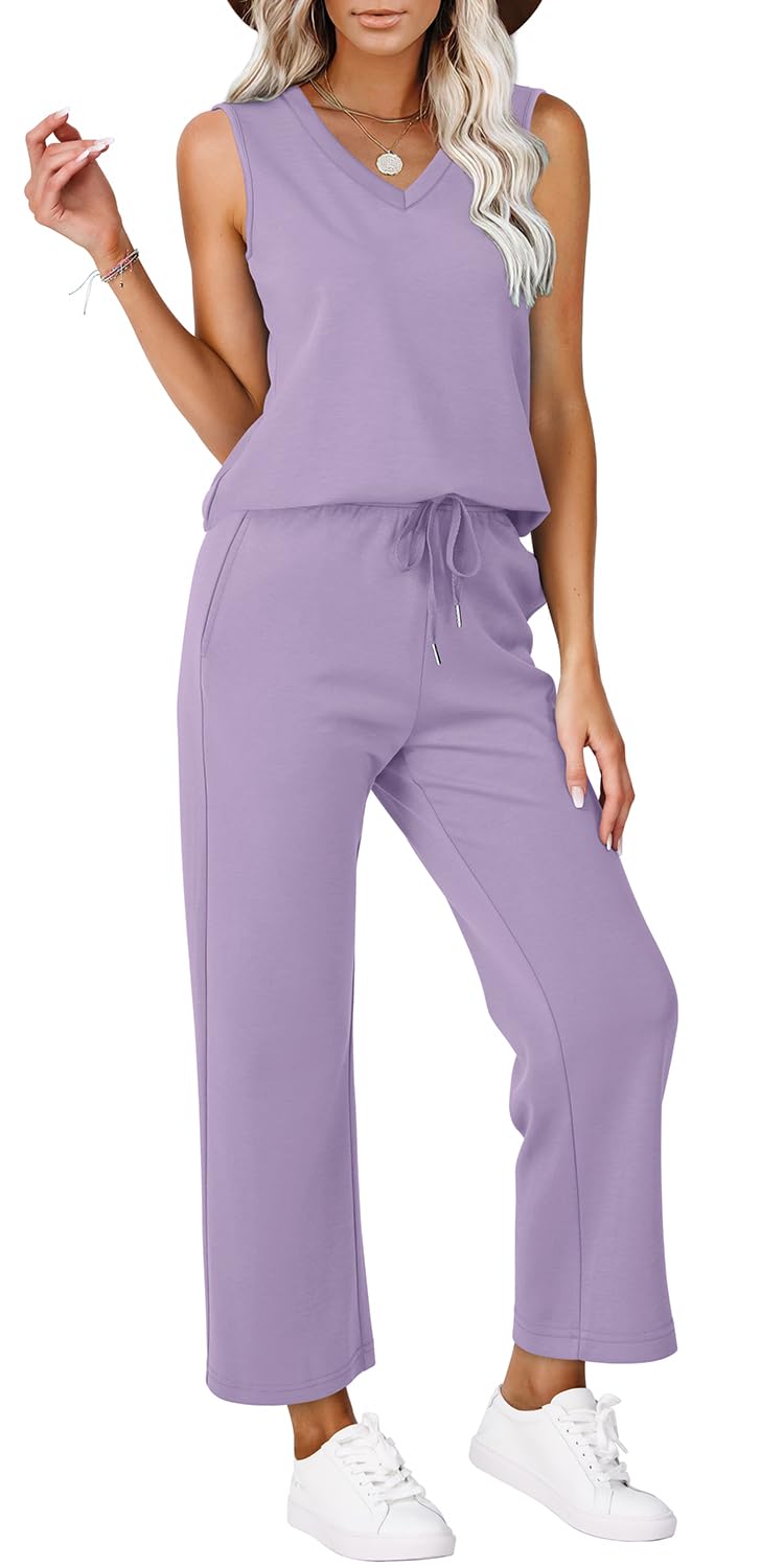 WIHOLL Two Piece Set for Women Summer Outfits Vacation Trendy Lounge Sets V Neck Matching Sets