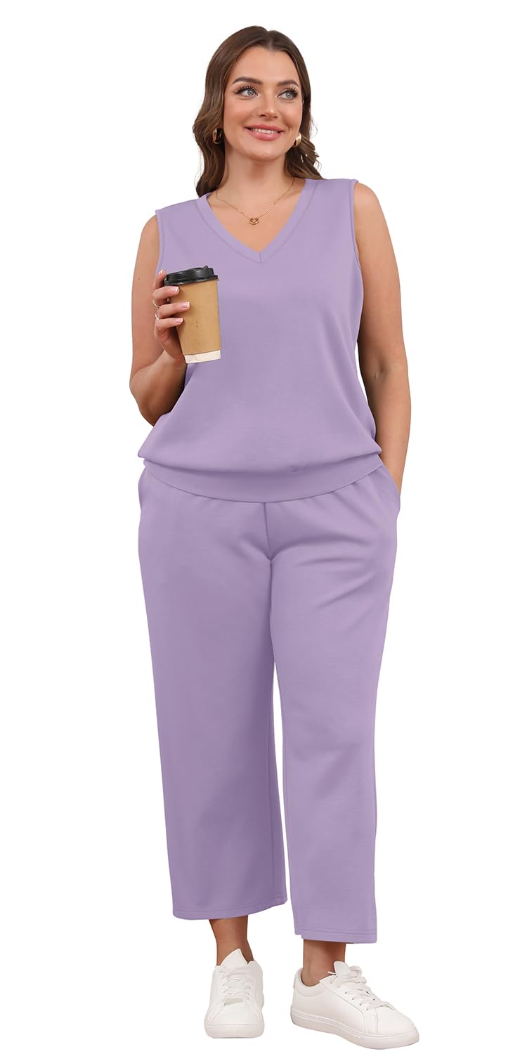 WIHOLL Two Piece Set for Women Summer Outfits Vacation Trendy Lounge Sets V Neck Matching Sets