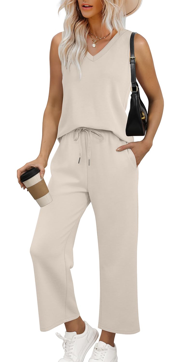 WIHOLL Two Piece Set for Women Summer Outfits Vacation Trendy Lounge Sets V Neck Matching Sets