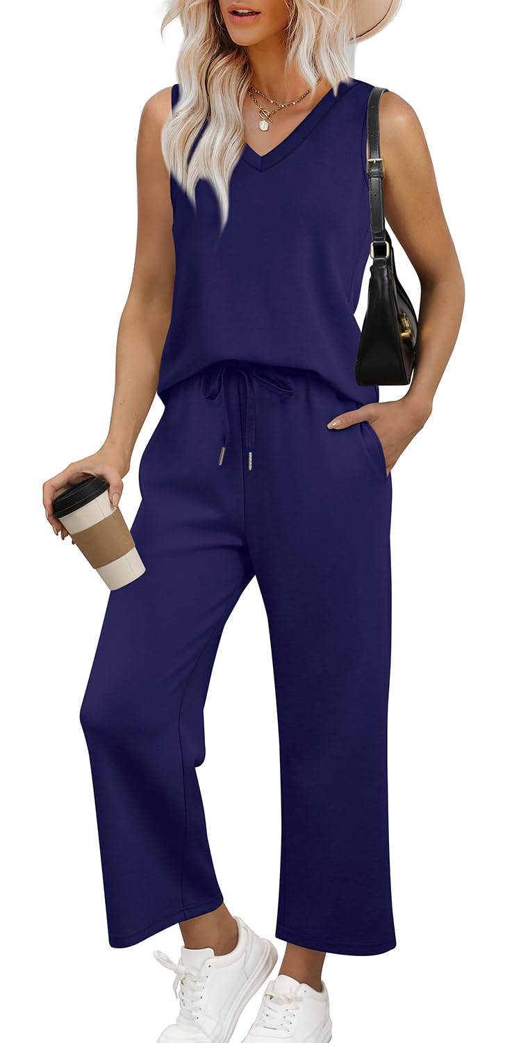 WIHOLL Two Piece Set for Women Summer Outfits Vacation Trendy Lounge Sets V Neck Matching Sets