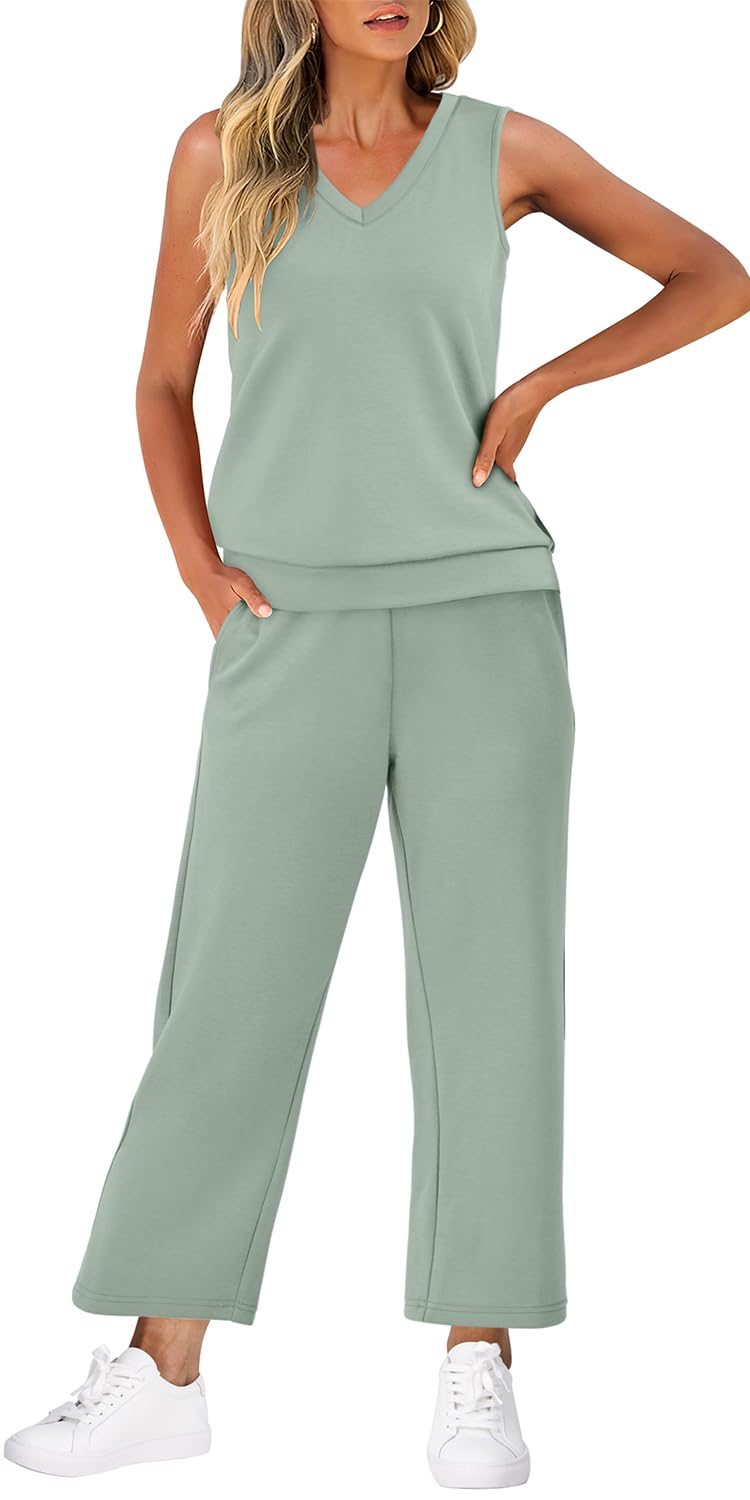 WIHOLL Two Piece Set for Women Summer Outfits Vacation Trendy Lounge Sets V Neck Matching Sets