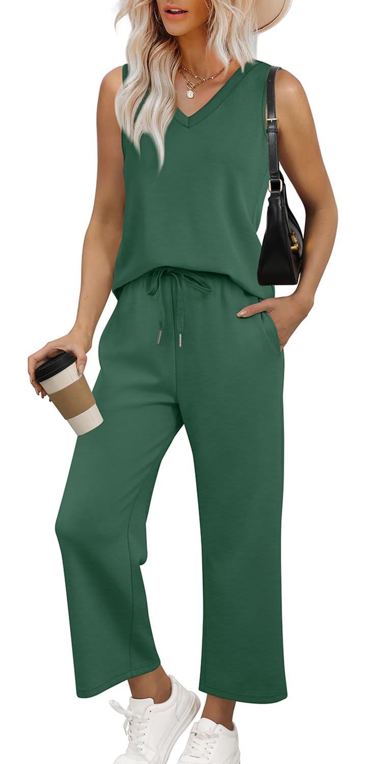 WIHOLL Two Piece Set for Women Summer Outfits Vacation Trendy Lounge Sets V Neck Matching Sets