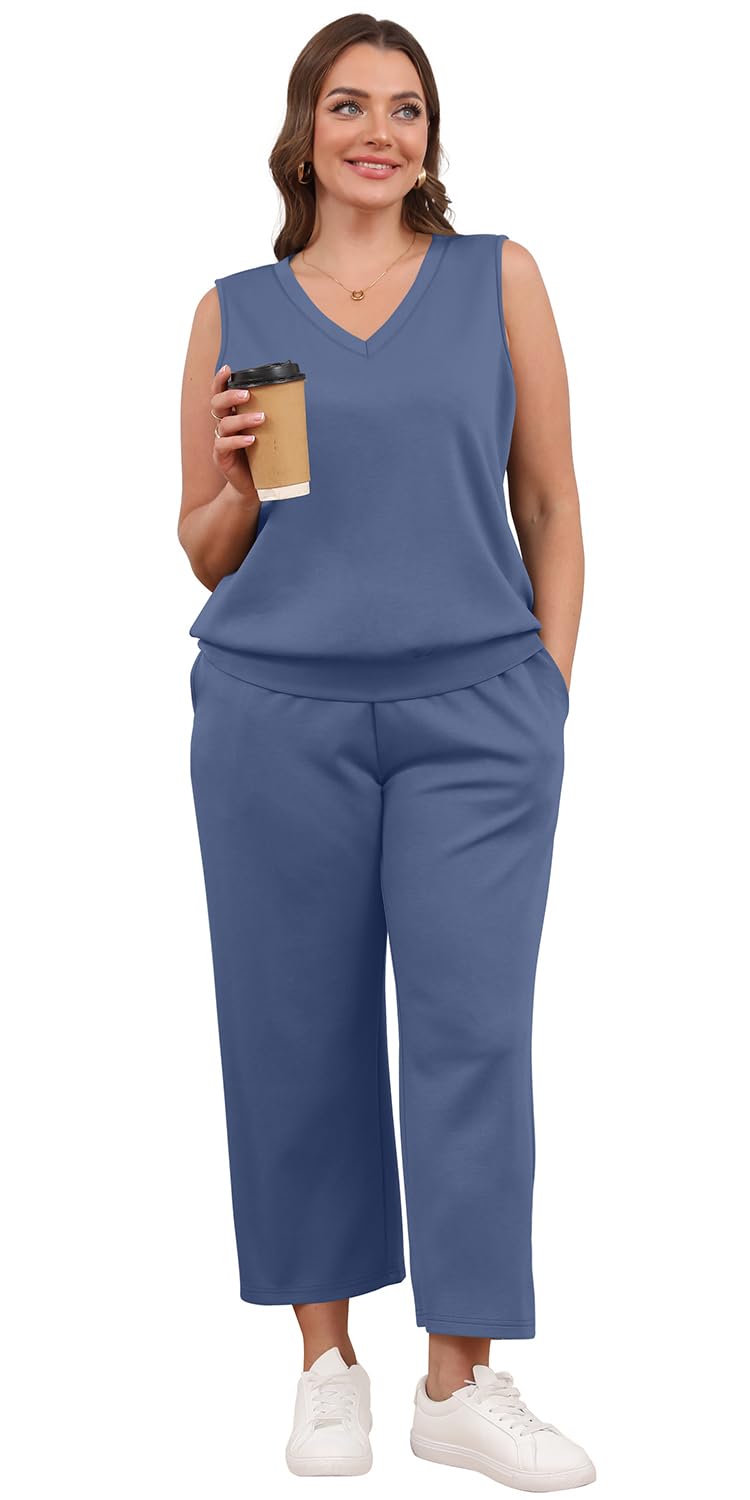 WIHOLL Two Piece Set for Women Summer Outfits Vacation Trendy Lounge Sets V Neck Matching Sets