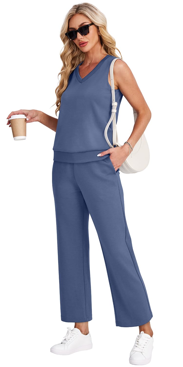 WIHOLL Two Piece Set for Women Summer Outfits Vacation Trendy Lounge Sets V Neck Matching Sets