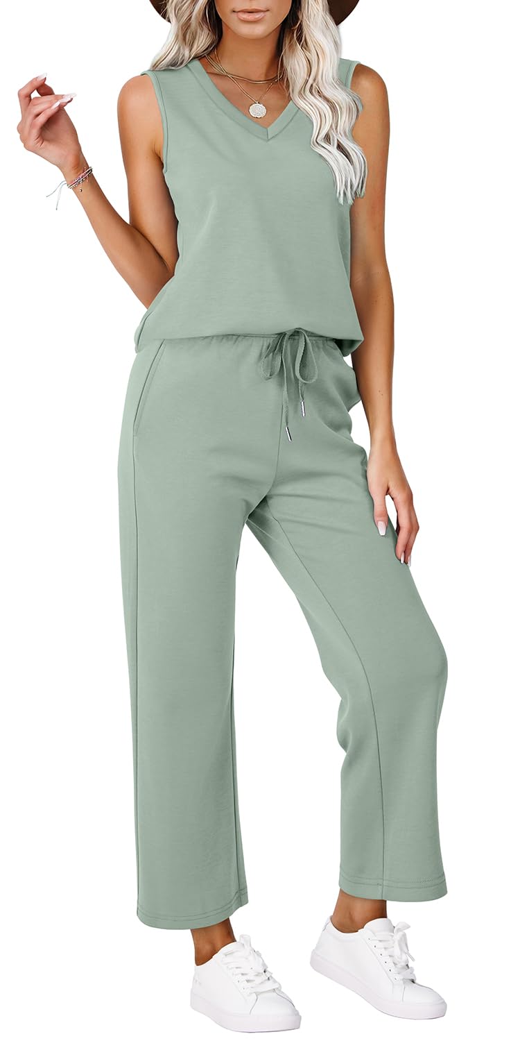 WIHOLL Two Piece Set for Women Summer Outfits Vacation Trendy Lounge Sets V Neck Matching Sets