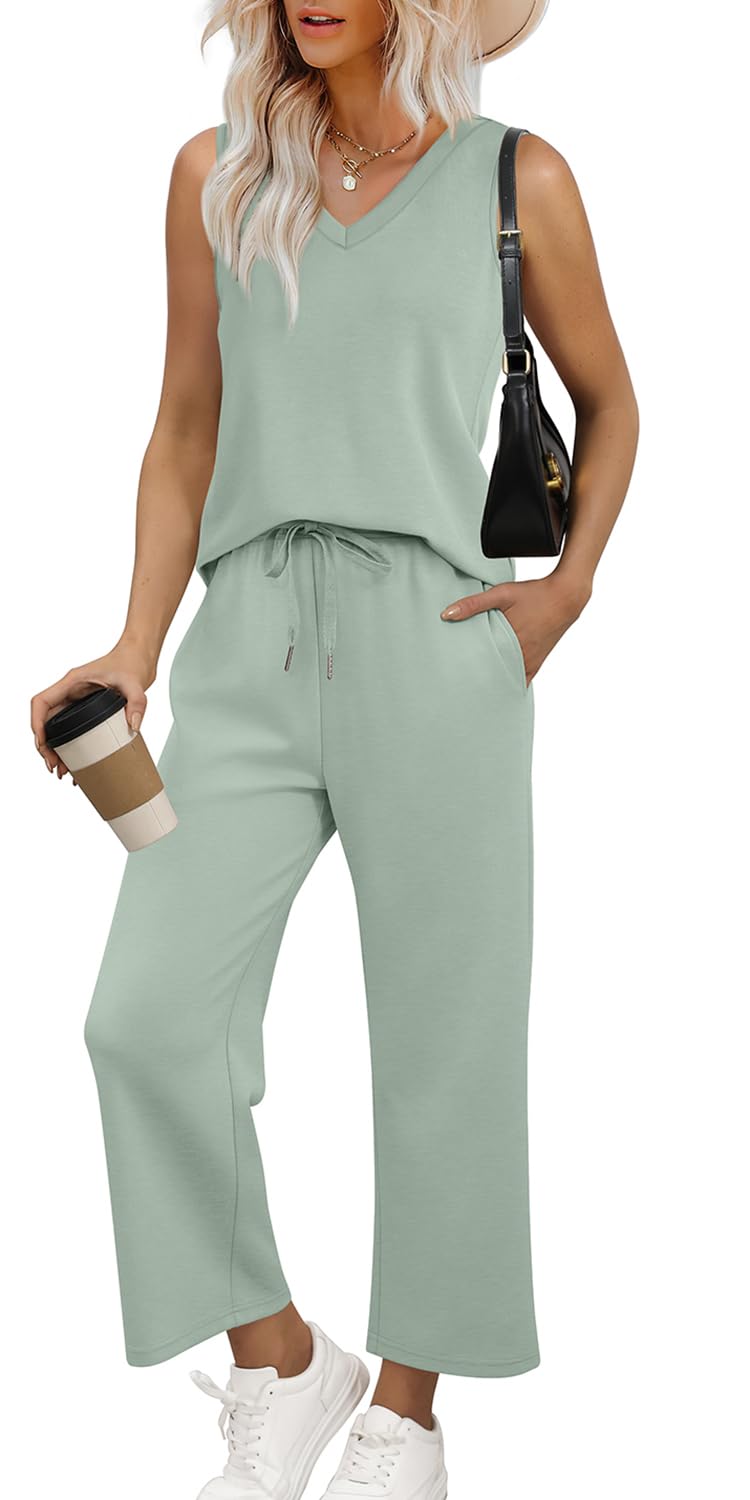 WIHOLL Two Piece Set for Women Summer Outfits Vacation Trendy Lounge Sets V Neck Matching Sets