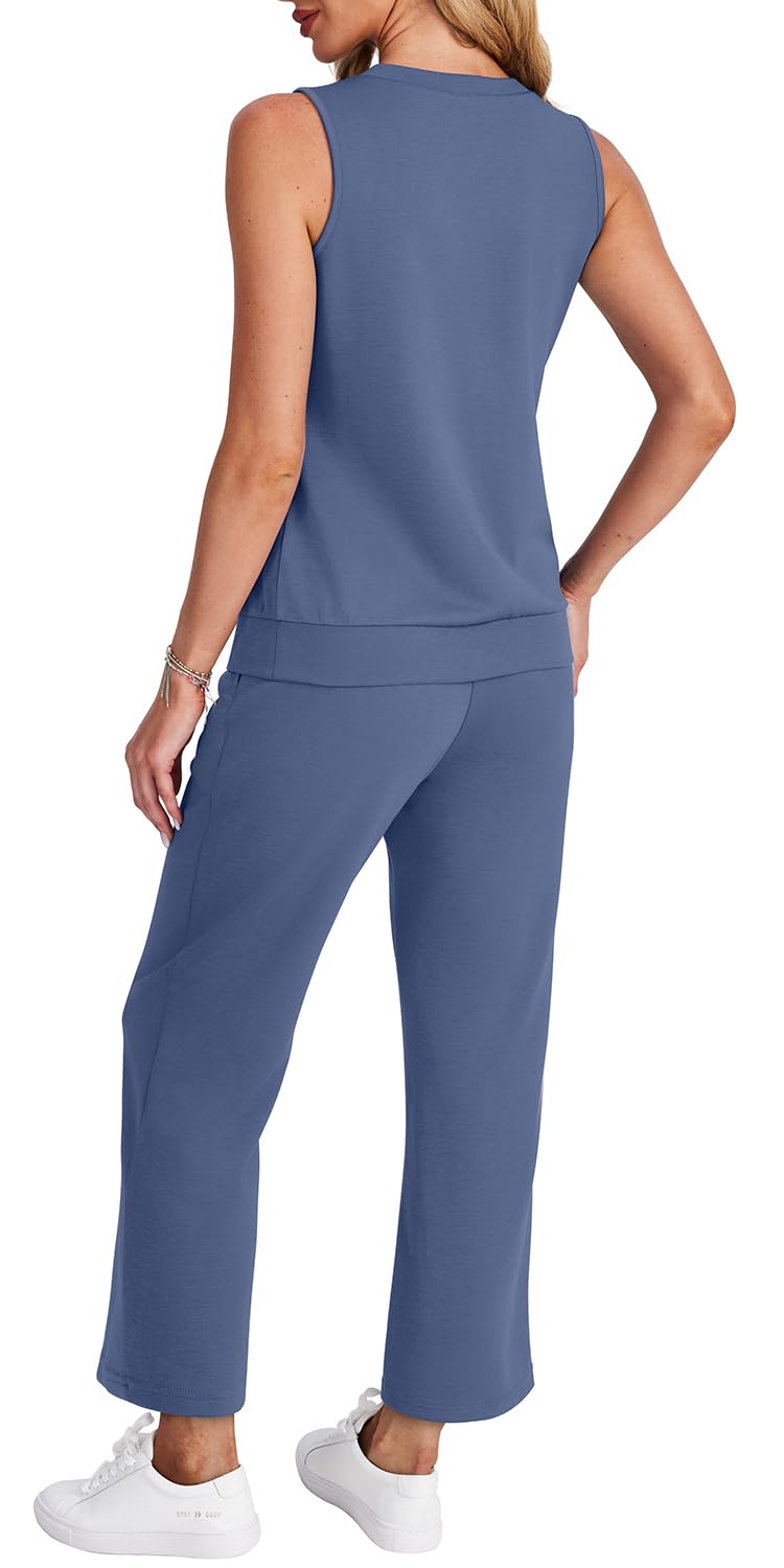 WIHOLL Two Piece Set for Women Summer Outfits Vacation Trendy Lounge Sets V Neck Matching Sets