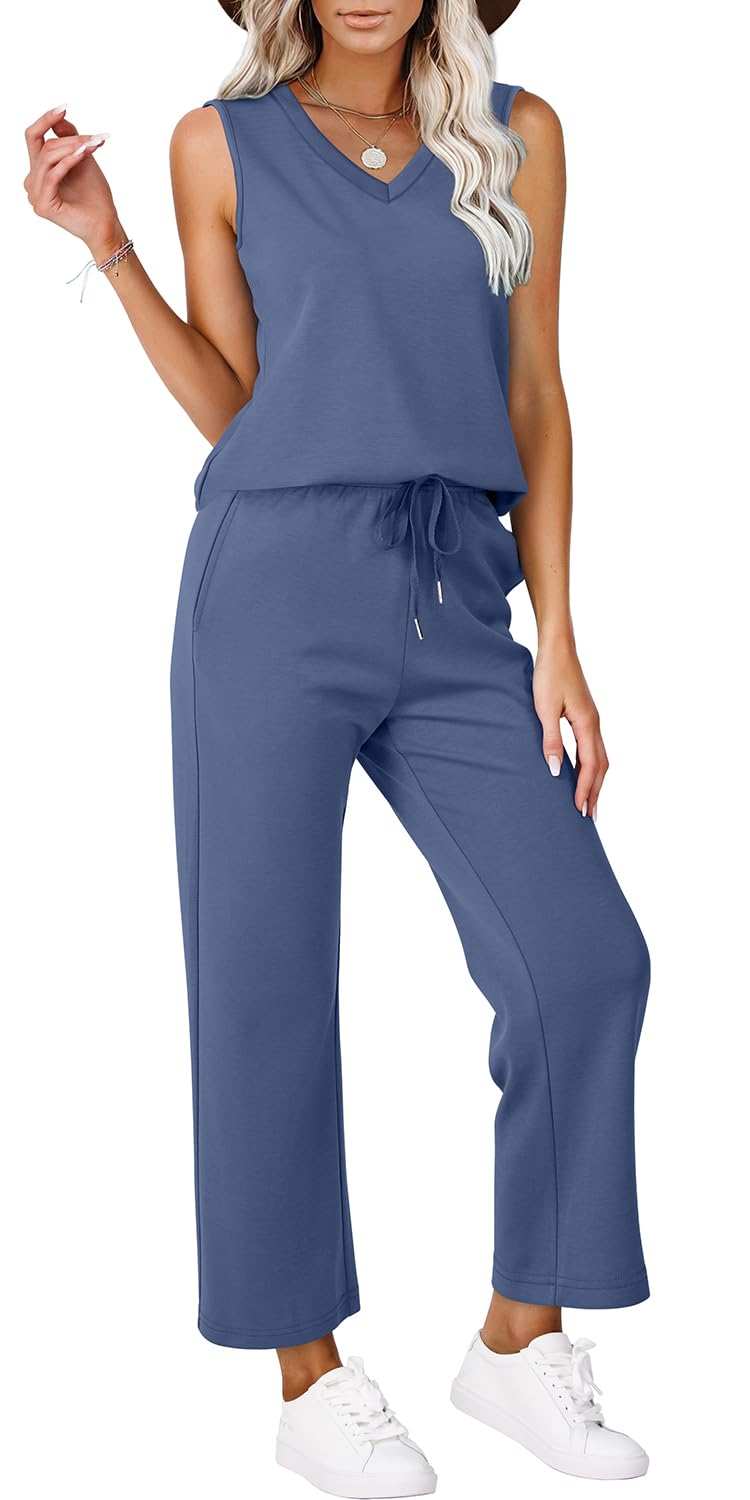 WIHOLL Two Piece Set for Women Summer Outfits Vacation Trendy Lounge Sets V Neck Matching Sets