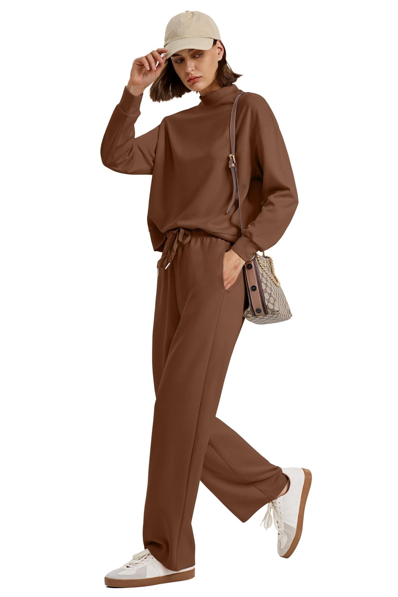 WIHOLL Two Piece Sets for Women Fall Outfits Lounge Sets Mock Neck Tops Wide Leg Pants Vacation Travel Airport Outfits