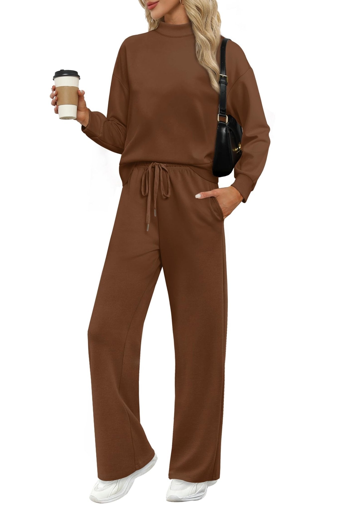 WIHOLL Two Piece Sets for Women Fall Outfits Lounge Sets Mock Neck Tops Wide Leg Pants Vacation Travel Airport Outfits