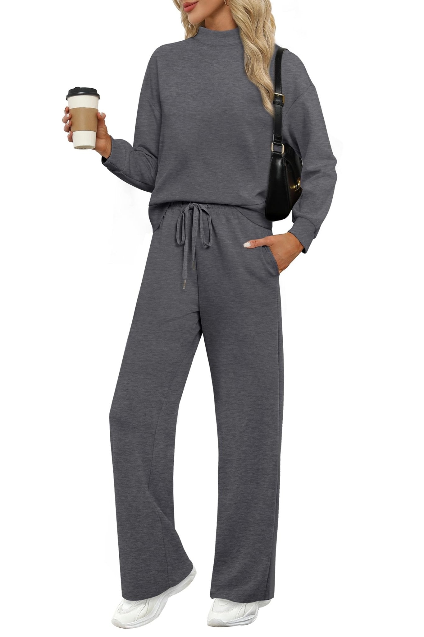 WIHOLL Two Piece Sets for Women Fall Outfits Lounge Sets Mock Neck Tops Wide Leg Pants Vacation Travel Airport Outfits