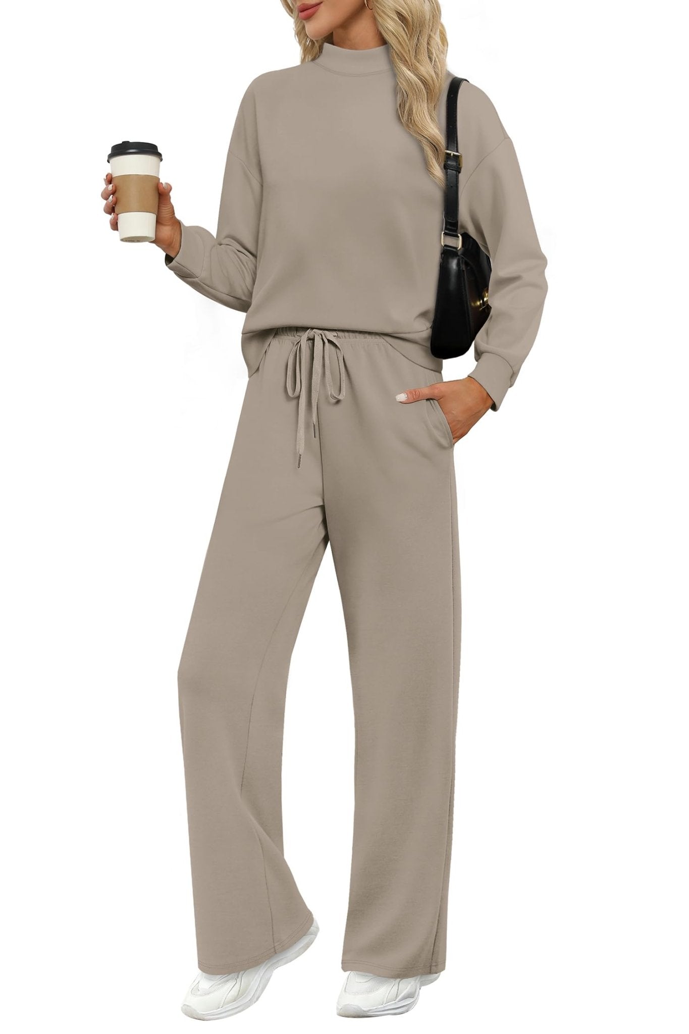 WIHOLL Two Piece Sets for Women Fall Outfits Lounge Sets Mock Neck Tops Wide Leg Pants Vacation Travel Airport Outfits