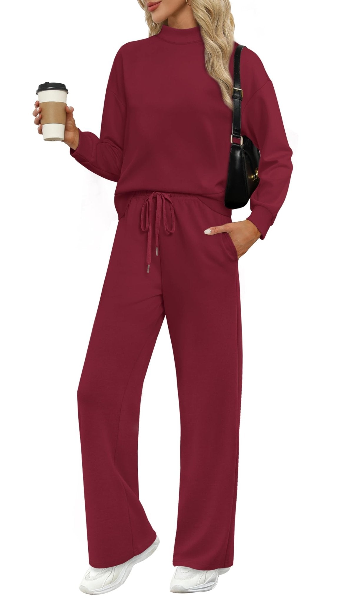 WIHOLL Two Piece Sets for Women Fall Outfits Lounge Sets Mock Neck Tops Wide Leg Pants Vacation Travel Airport Outfits