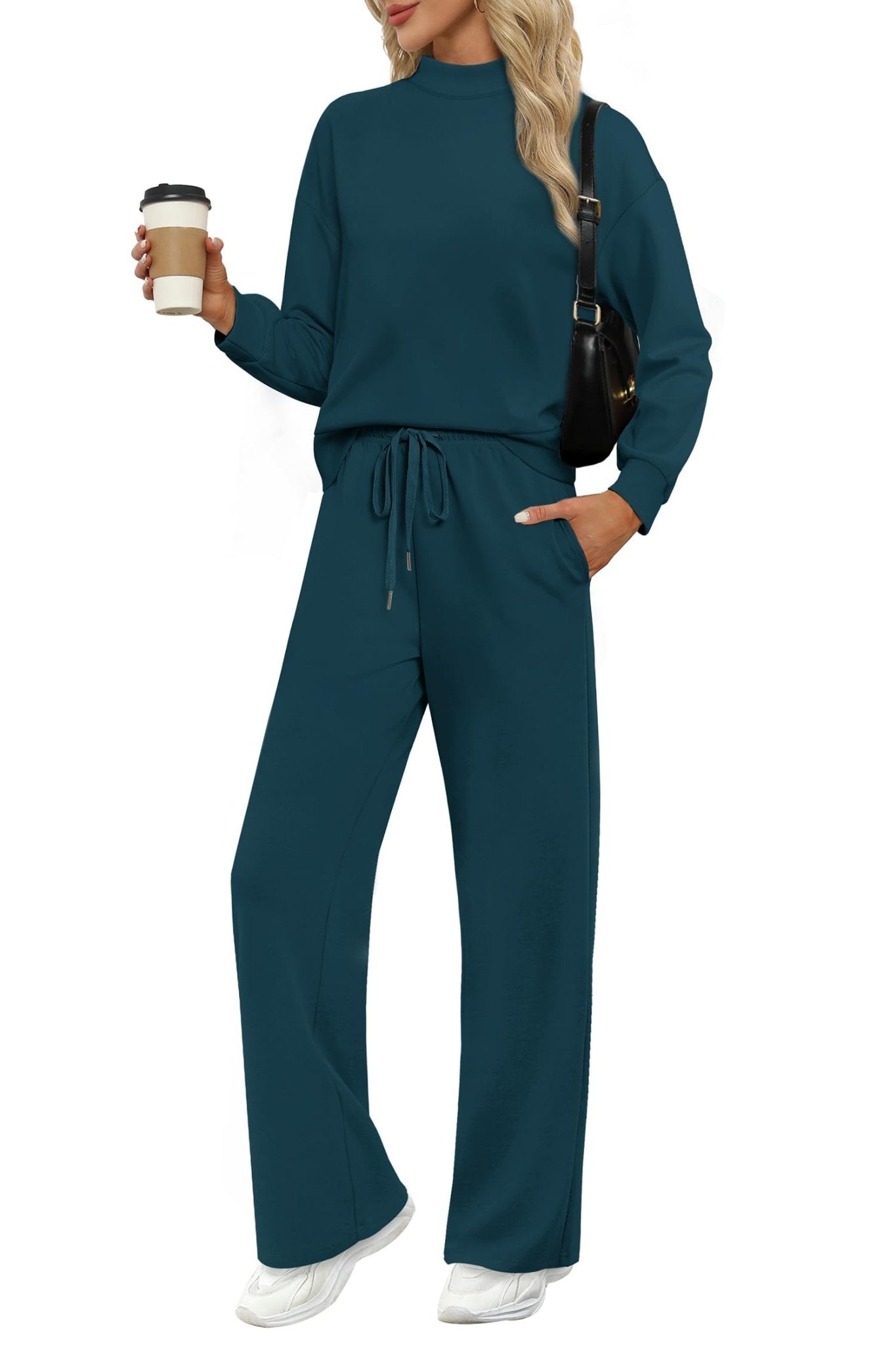 WIHOLL Two Piece Sets for Women Fall Outfits Lounge Sets Mock Neck Tops Wide Leg Pants Vacation Travel Airport Outfits