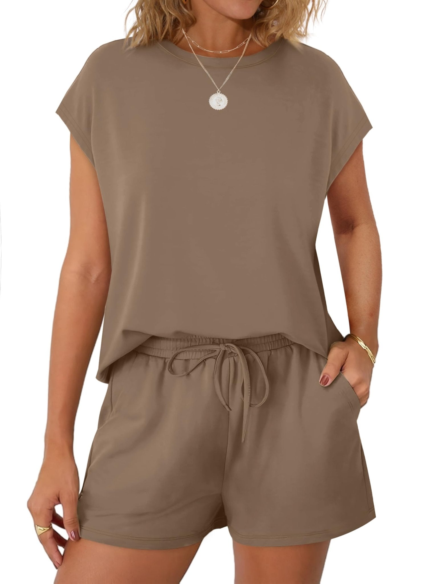 WIHOLL Two Piece Sets for Women Summer Crew Neck Lounge Short Sets Cap Sleeve Drawstring Sweatsuit with Pocket