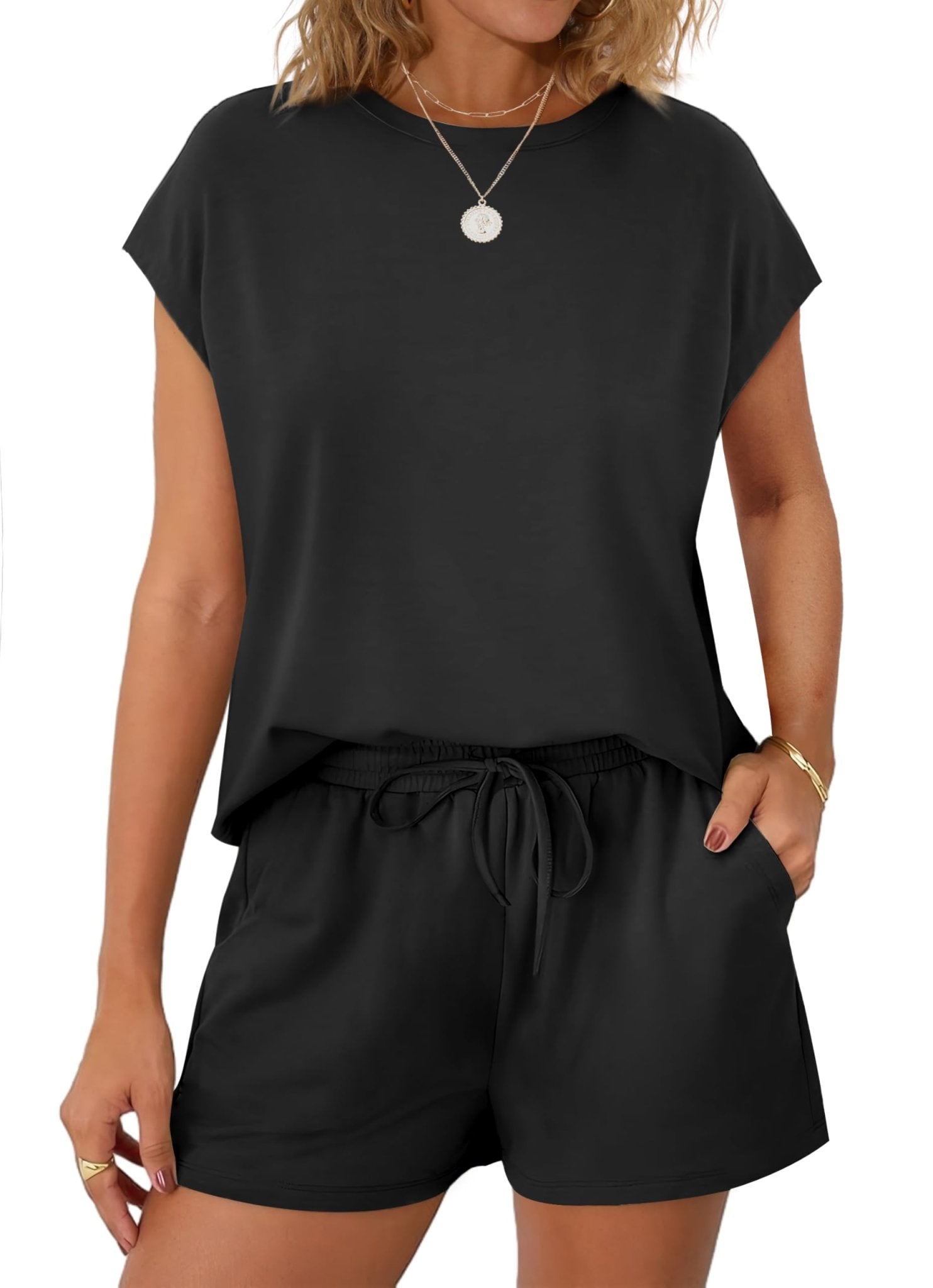 WIHOLL Two Piece Sets for Women Summer Crew Neck Lounge Short Sets Cap Sleeve Drawstring Sweatsuit with Pocket