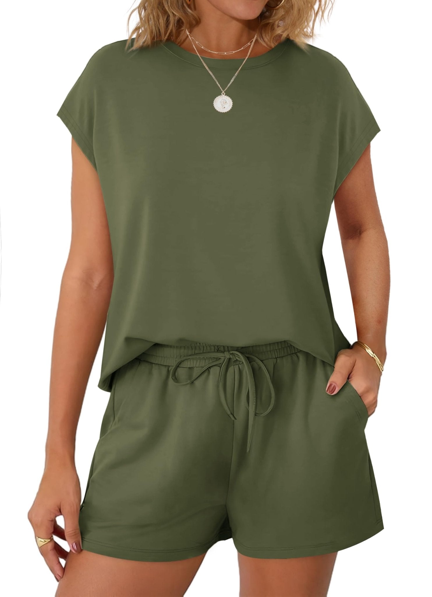 WIHOLL Two Piece Sets for Women Summer Crew Neck Lounge Short Sets Cap Sleeve Drawstring Sweatsuit with Pocket