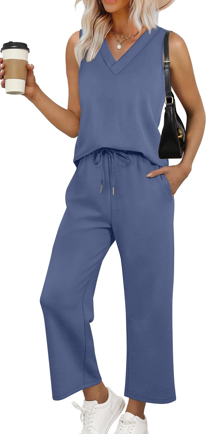 WIHOLL Two Piece Sets for Women Summer Outfits Matching Lounge Sets Wide Leg Crop Pants Vacation Travel