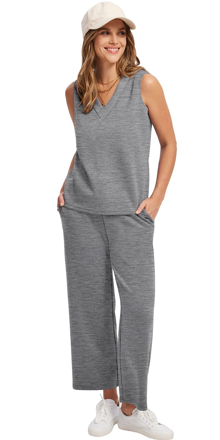 WIHOLL Two Piece Sets for Women Summer Outfits Matching Lounge Sets Wide Leg Crop Pants Vacation Travel