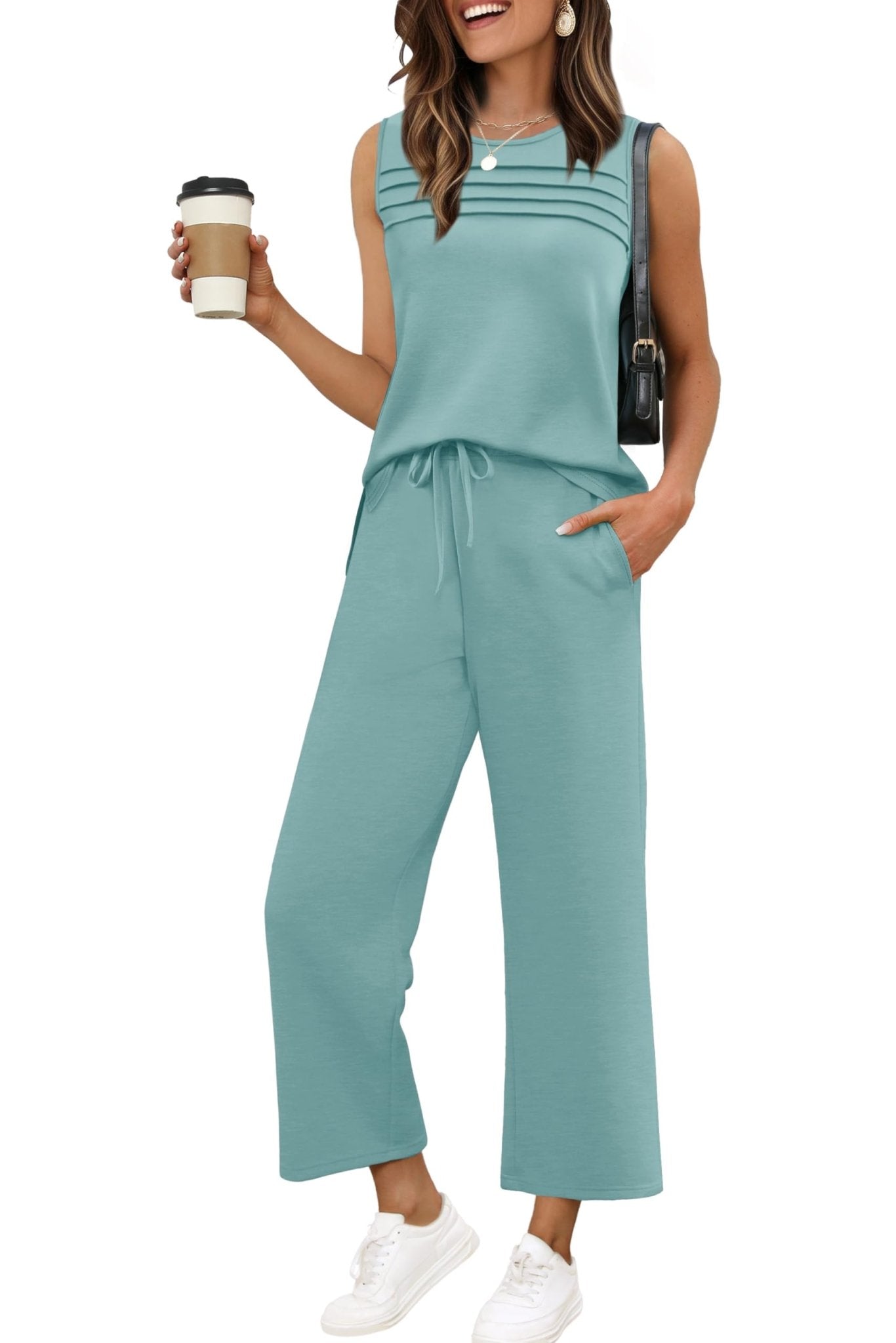 WIHOLL Two Piece Sets for Women Summer Outfits Matching Lounge Sets Wide Leg Crop Pants Vacation Travel