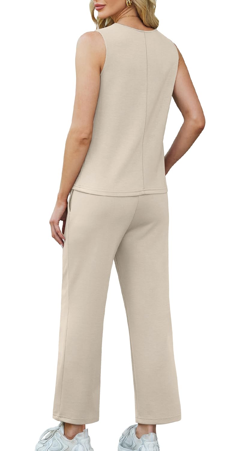 WIHOLL Two Piece Sets for Women Summer Outfits Matching Lounge Sets Wide Leg Crop Pants Vacation Travel