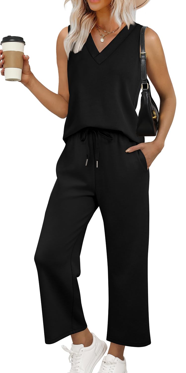 WIHOLL Two Piece Sets for Women Summer Outfits Matching Lounge Sets Wide Leg Crop Pants Vacation Travel