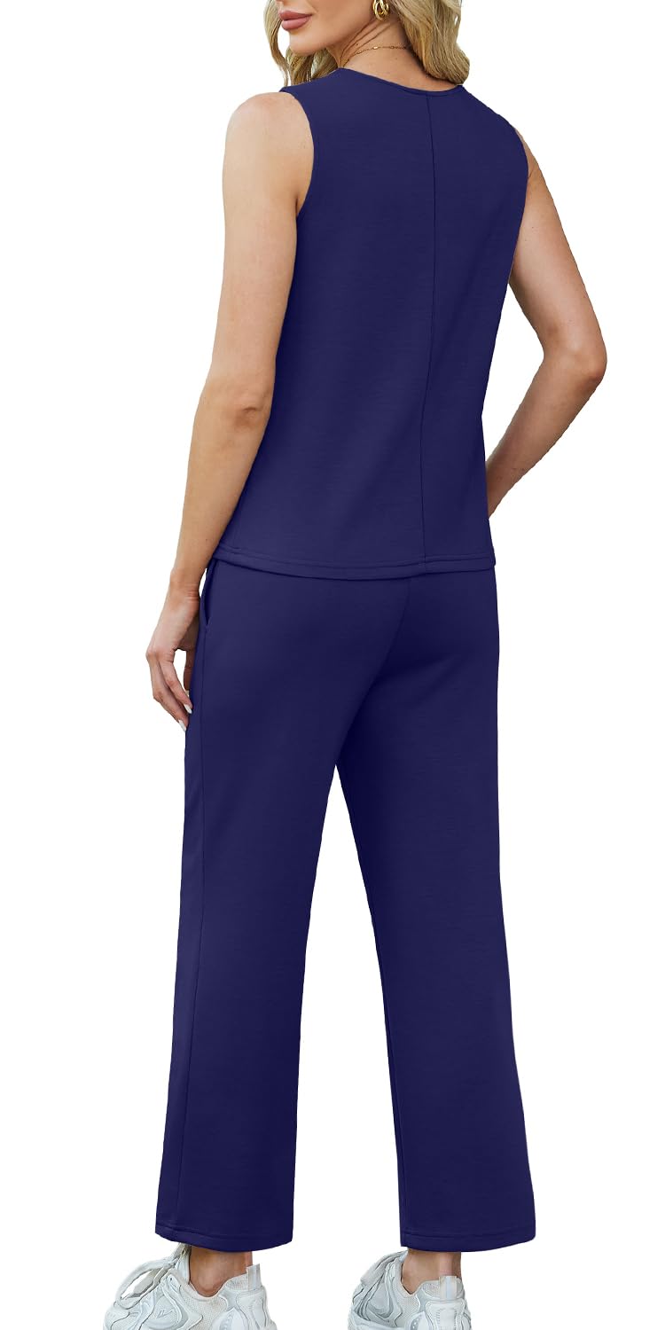 WIHOLL Two Piece Sets for Women Summer Outfits Matching Lounge Sets Wide Leg Crop Pants Vacation Travel