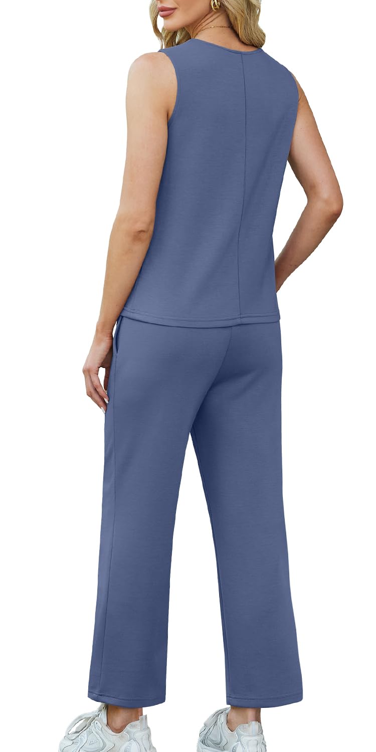 WIHOLL Two Piece Sets for Women Summer Outfits Matching Lounge Sets Wide Leg Crop Pants Vacation Travel