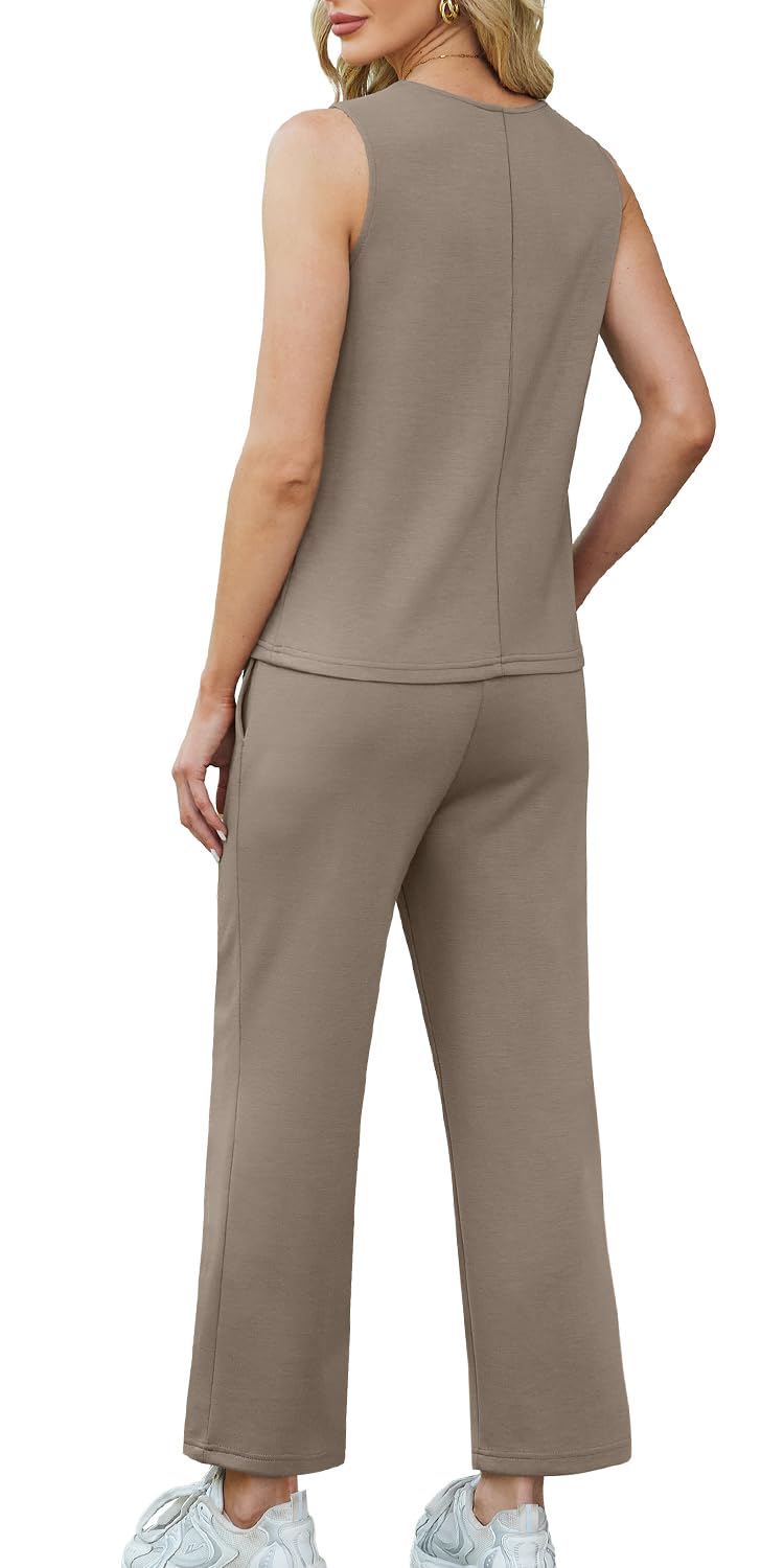 WIHOLL Two Piece Sets for Women Summer Outfits Matching Lounge Sets Wide Leg Crop Pants Vacation Travel