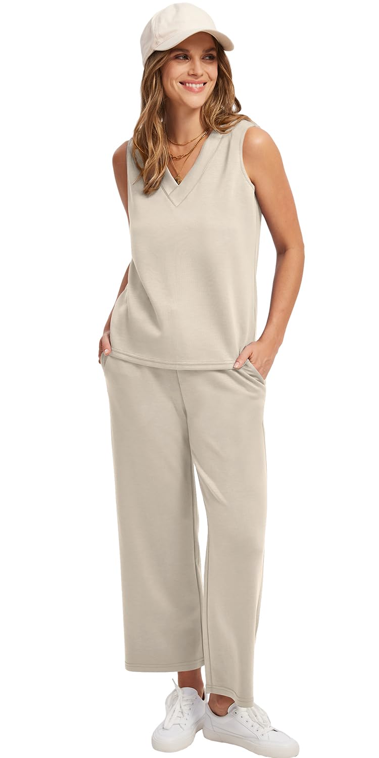 WIHOLL Two Piece Sets for Women Summer Outfits Matching Lounge Sets Wide Leg Crop Pants Vacation Travel