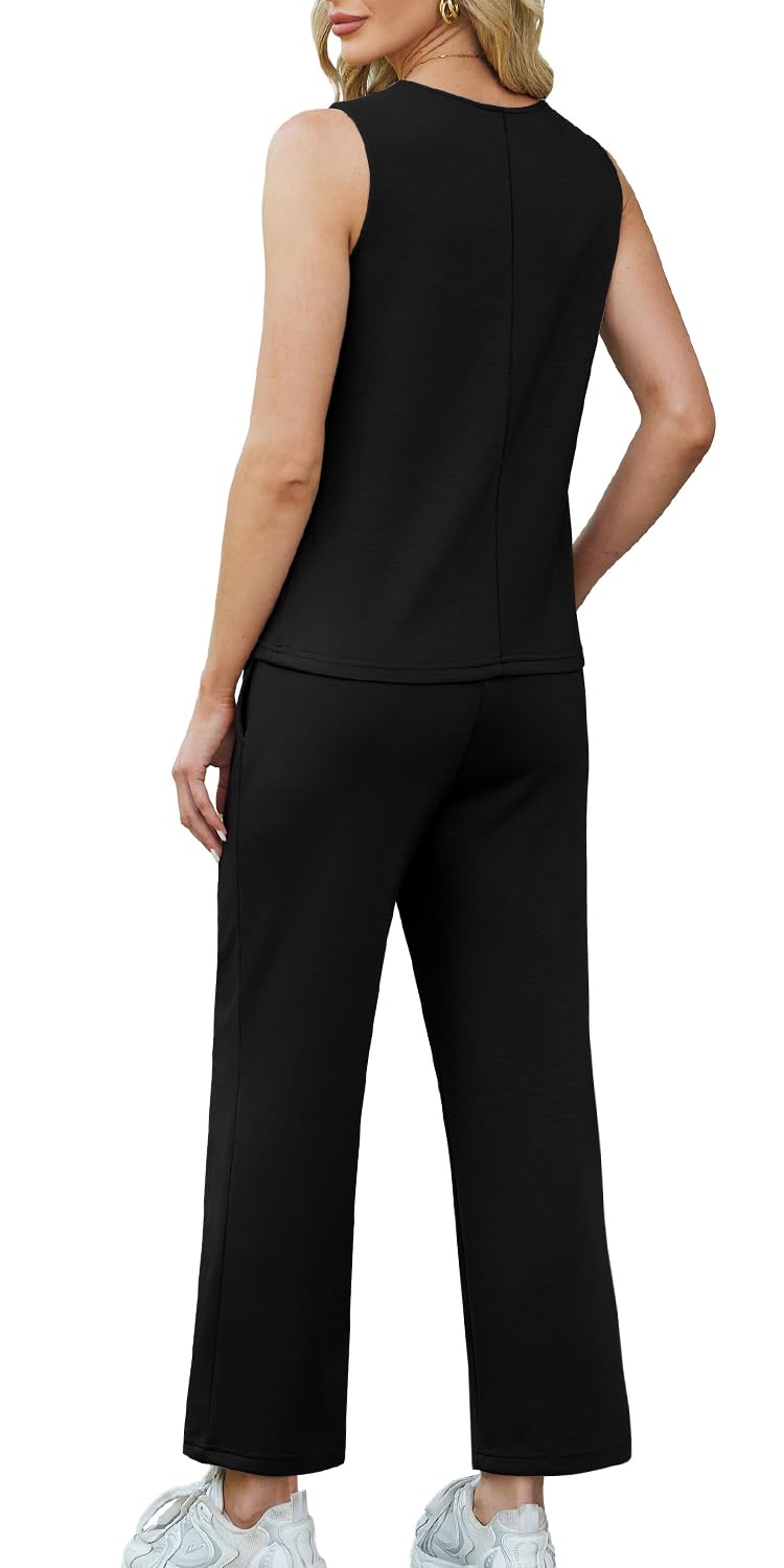 WIHOLL Two Piece Sets for Women Summer Outfits Matching Lounge Sets Wide Leg Crop Pants Vacation Travel