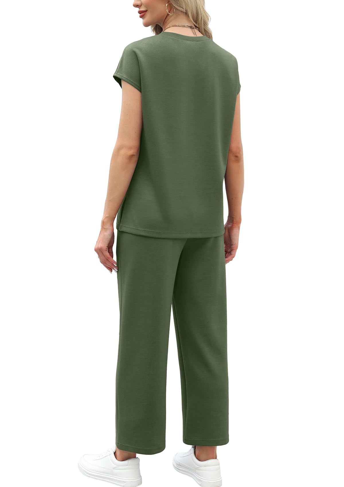 WIHOLL Two Piece Sets for Women Summer Travel Vacation Outfits Cap Sleeve Lounge Matching Sets Wide Leg Pants S-3XL