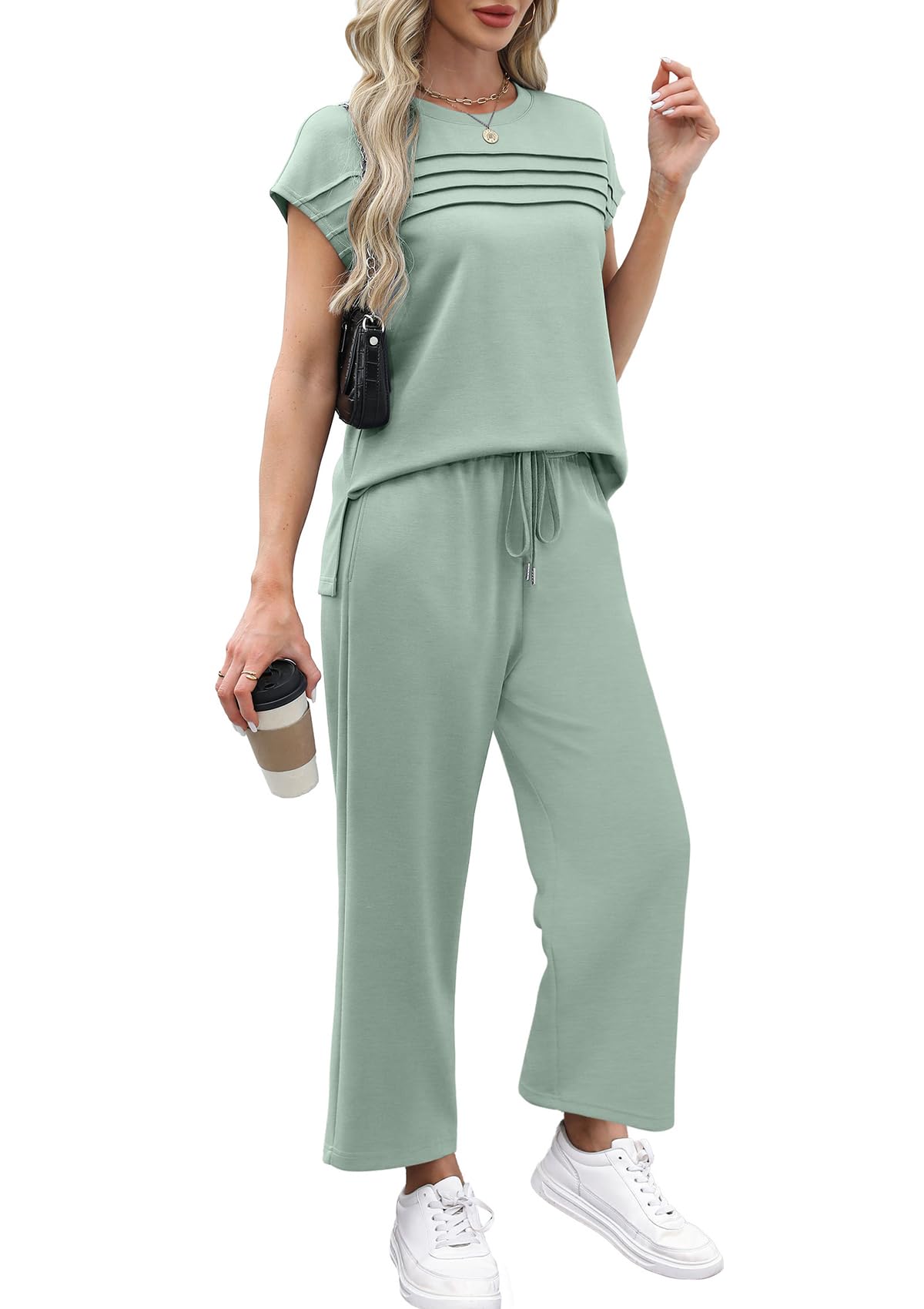 WIHOLL Two Piece Sets for Women Summer Travel Vacation Outfits Cap Sleeve Lounge Matching Sets Wide Leg Pants S-3XL