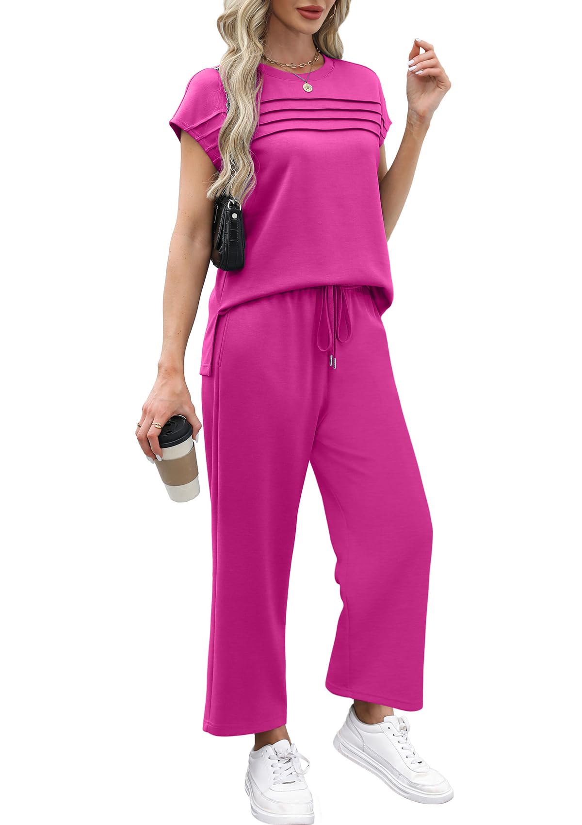 WIHOLL Two Piece Sets for Women Summer Travel Vacation Outfits Cap Sleeve Lounge Matching Sets Wide Leg Pants S-3XL