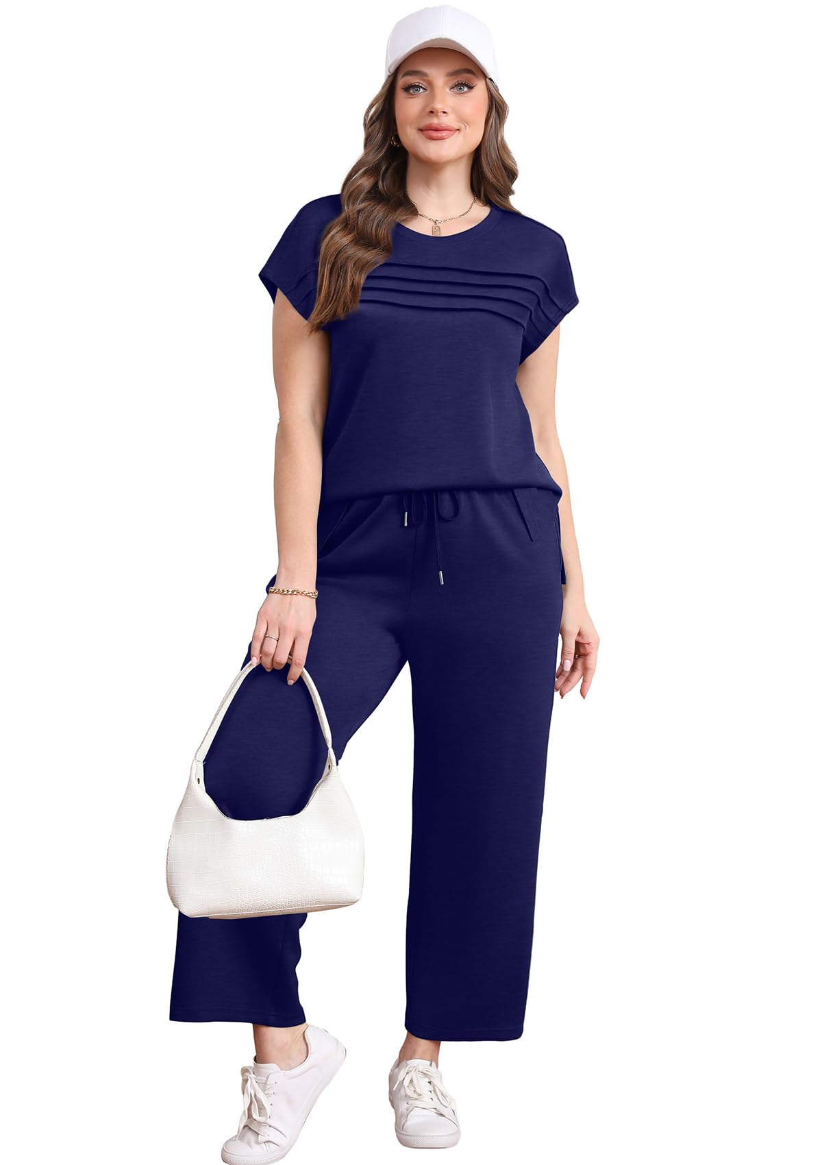 WIHOLL Two Piece Sets for Women Summer Travel Vacation Outfits Cap Sleeve Lounge Matching Sets Wide Leg Pants S-3XL