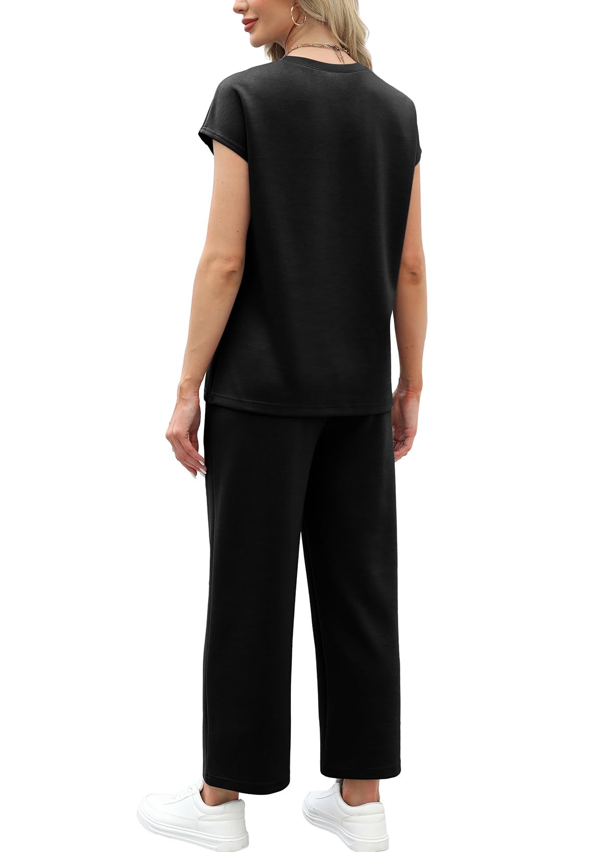 WIHOLL Two Piece Sets for Women Summer Travel Vacation Outfits Cap Sleeve Lounge Matching Sets Wide Leg Pants S-3XL