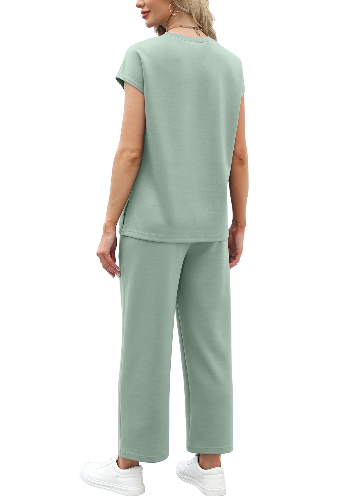 WIHOLL Two Piece Sets for Women Summer Travel Vacation Outfits Cap Sleeve Lounge Matching Sets Wide Leg Pants S-3XL