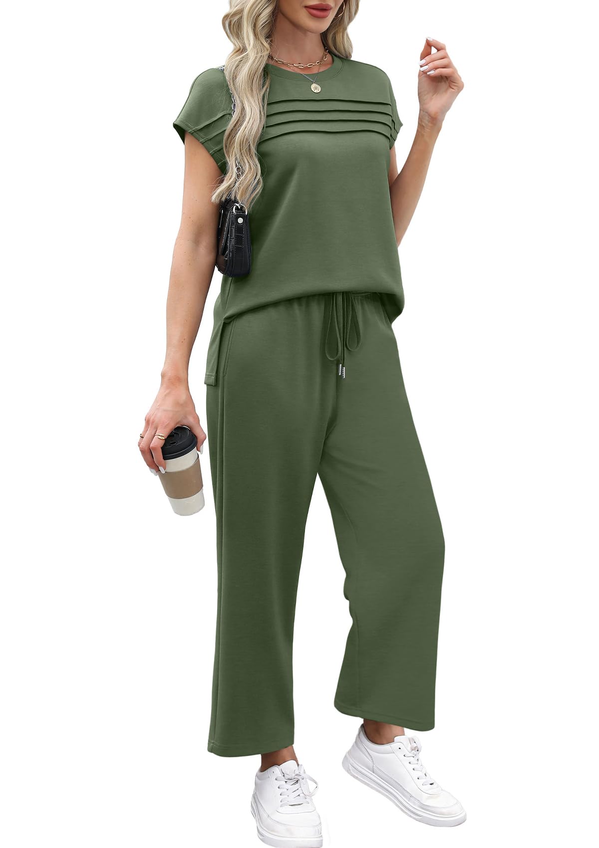 WIHOLL Two Piece Sets for Women Summer Travel Vacation Outfits Cap Sleeve Lounge Matching Sets Wide Leg Pants S-3XL