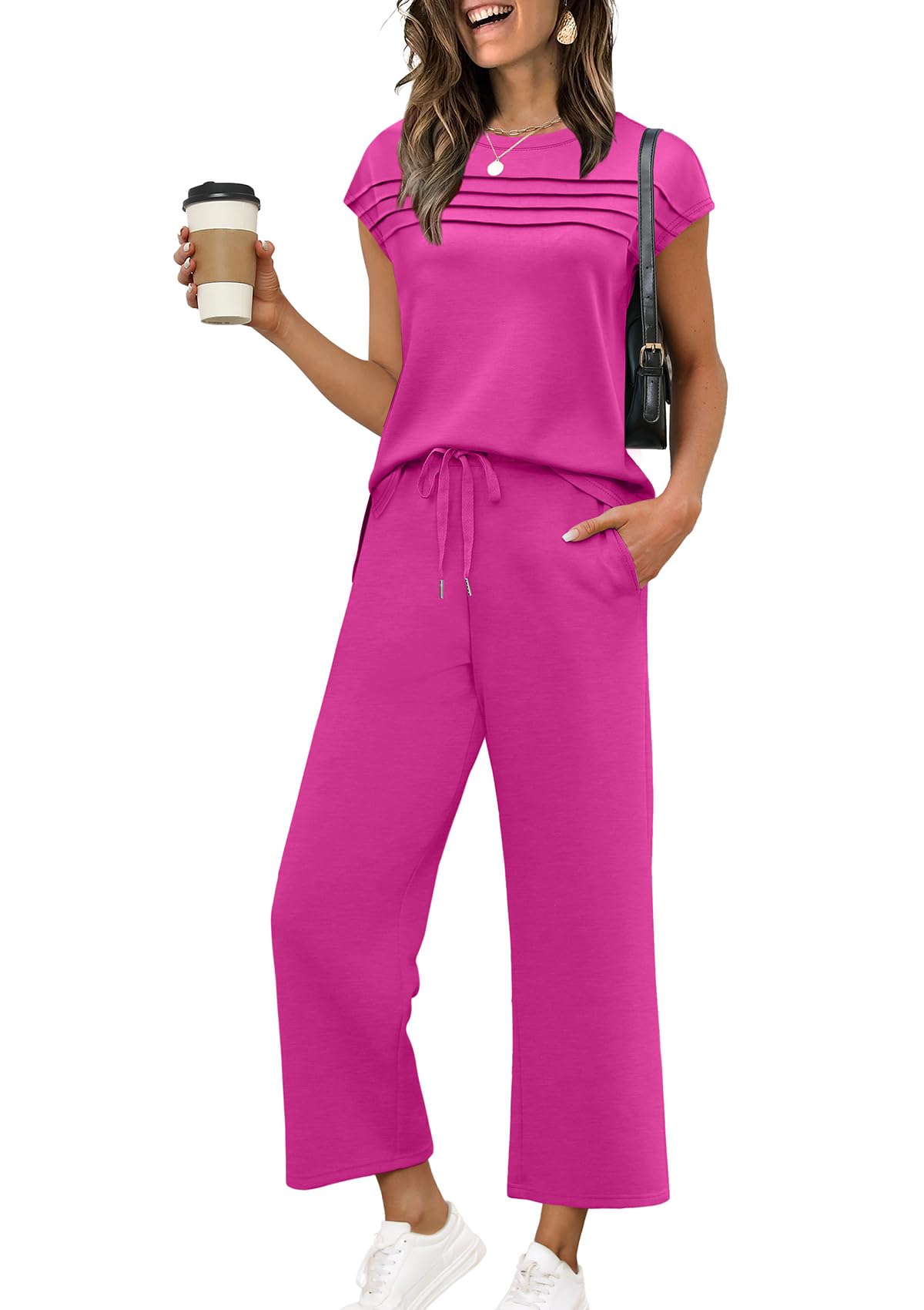 WIHOLL Two Piece Sets for Women Summer Travel Vacation Outfits Cap Sleeve Lounge Matching Sets Wide Leg Pants S-3XL