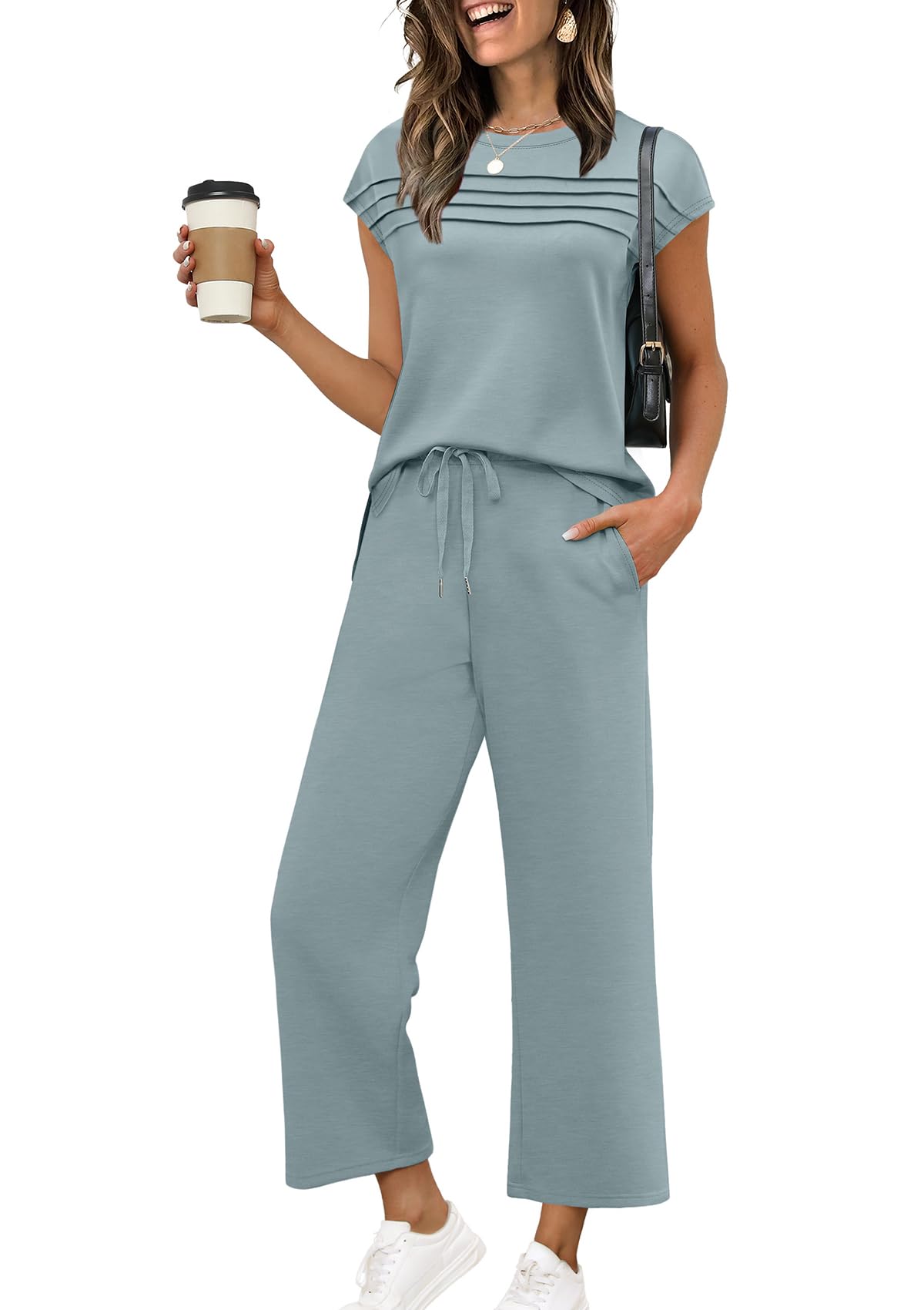 WIHOLL Two Piece Sets for Women Summer Travel Vacation Outfits Cap Sleeve Lounge Matching Sets Wide Leg Pants S-3XL