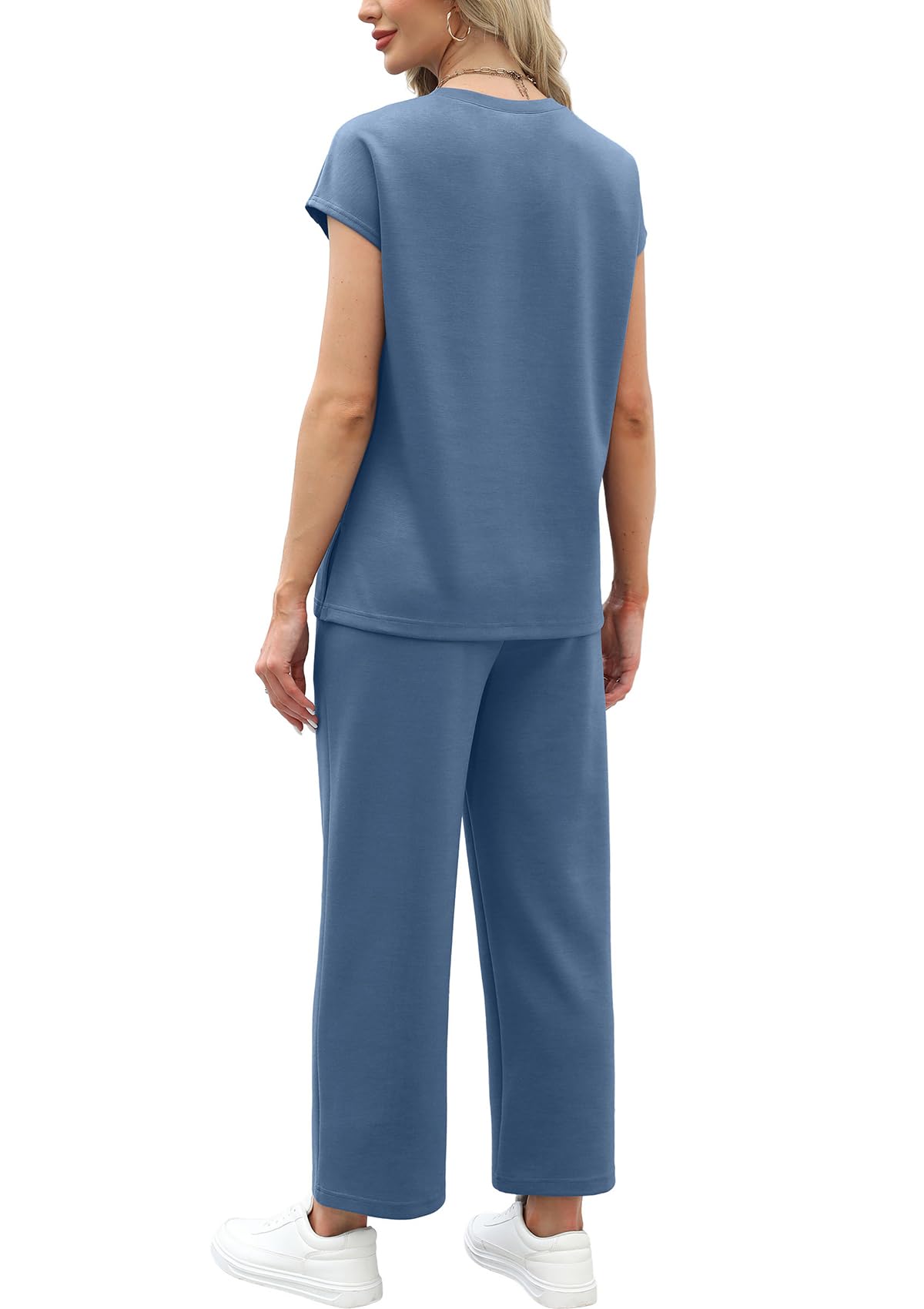 WIHOLL Two Piece Sets for Women Summer Travel Vacation Outfits Cap Sleeve Lounge Matching Sets Wide Leg Pants S-3XL