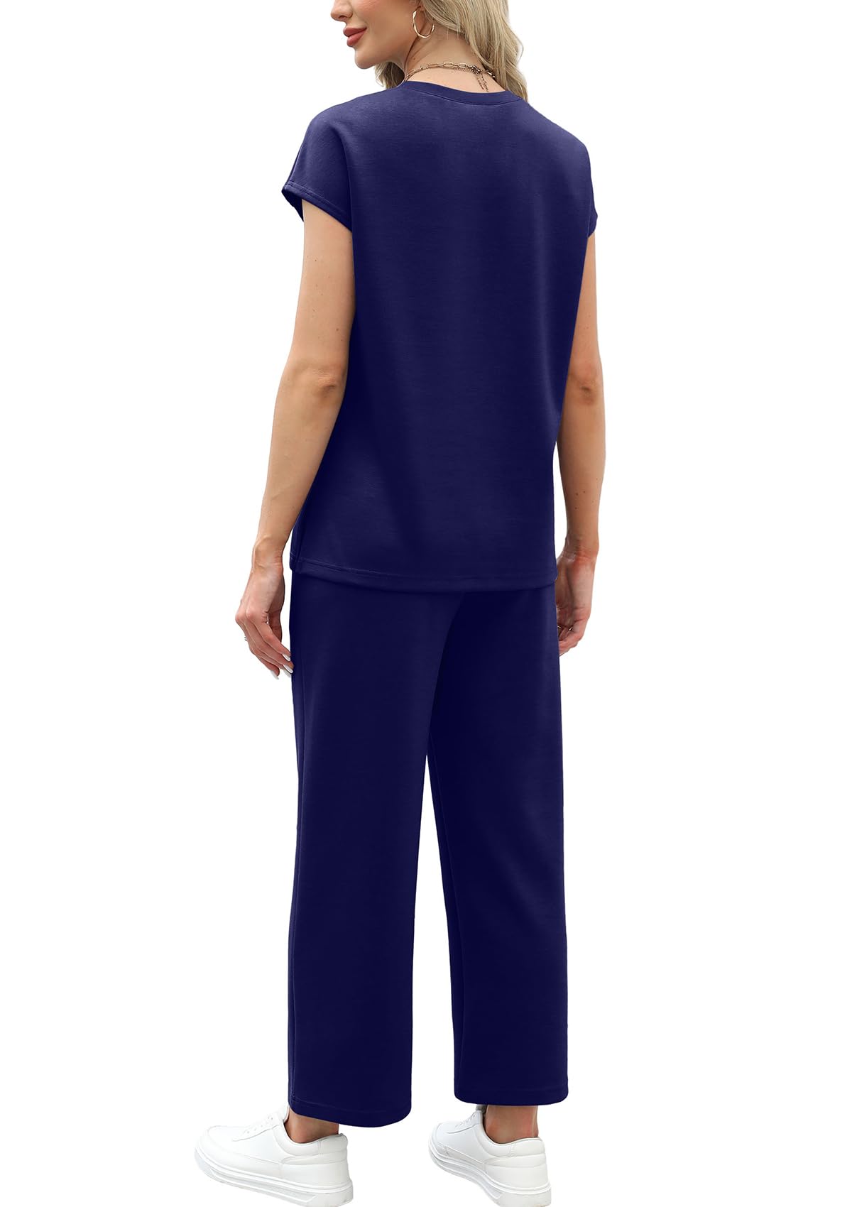 WIHOLL Two Piece Sets for Women Summer Travel Vacation Outfits Cap Sleeve Lounge Matching Sets Wide Leg Pants S-3XL