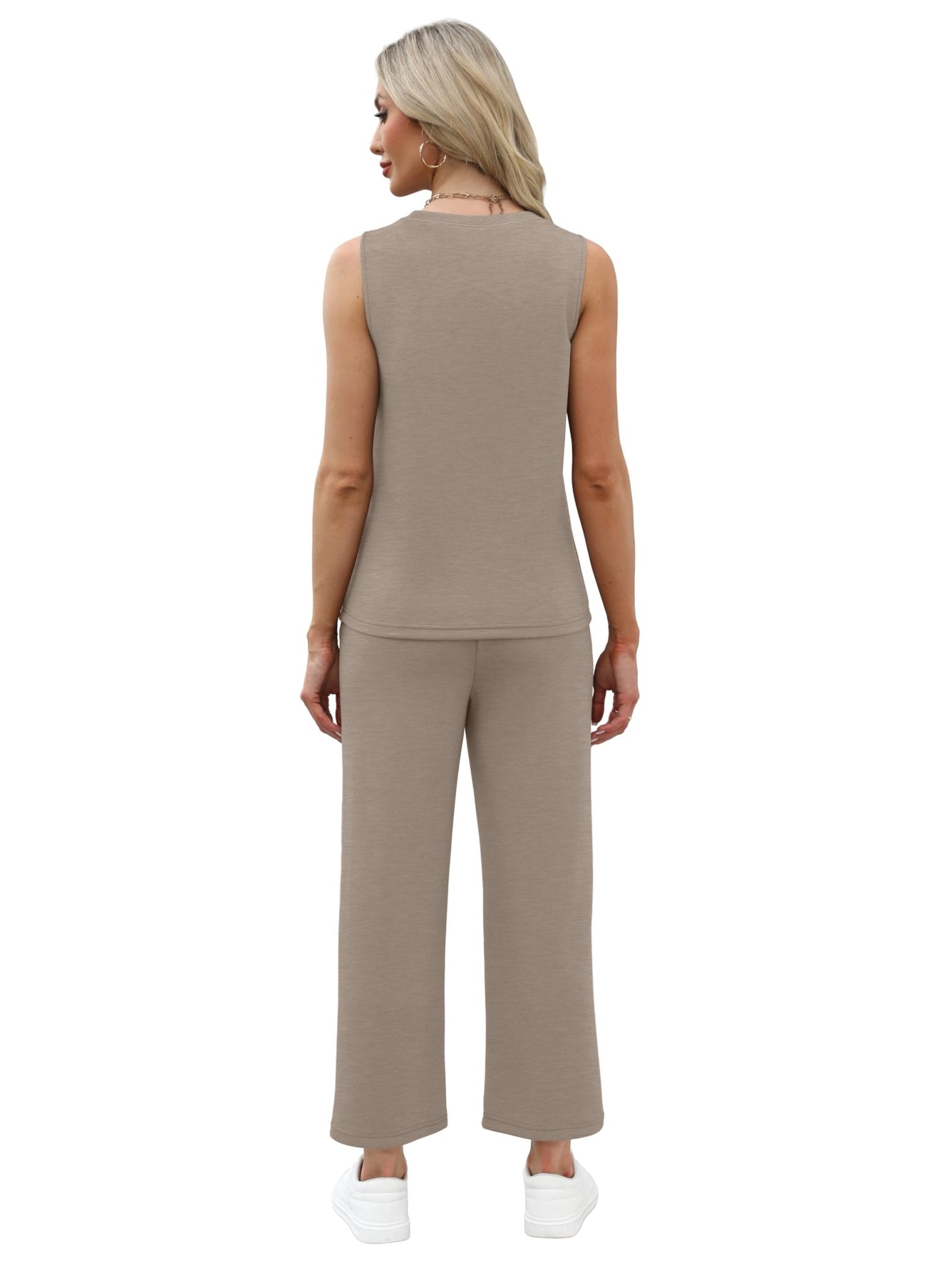 WIHOLL Two Piece Sets for Women Summer Vacation Travel Outfits Pleated Tank Top Wide Leg Crop Pants Matching Lounge Sets