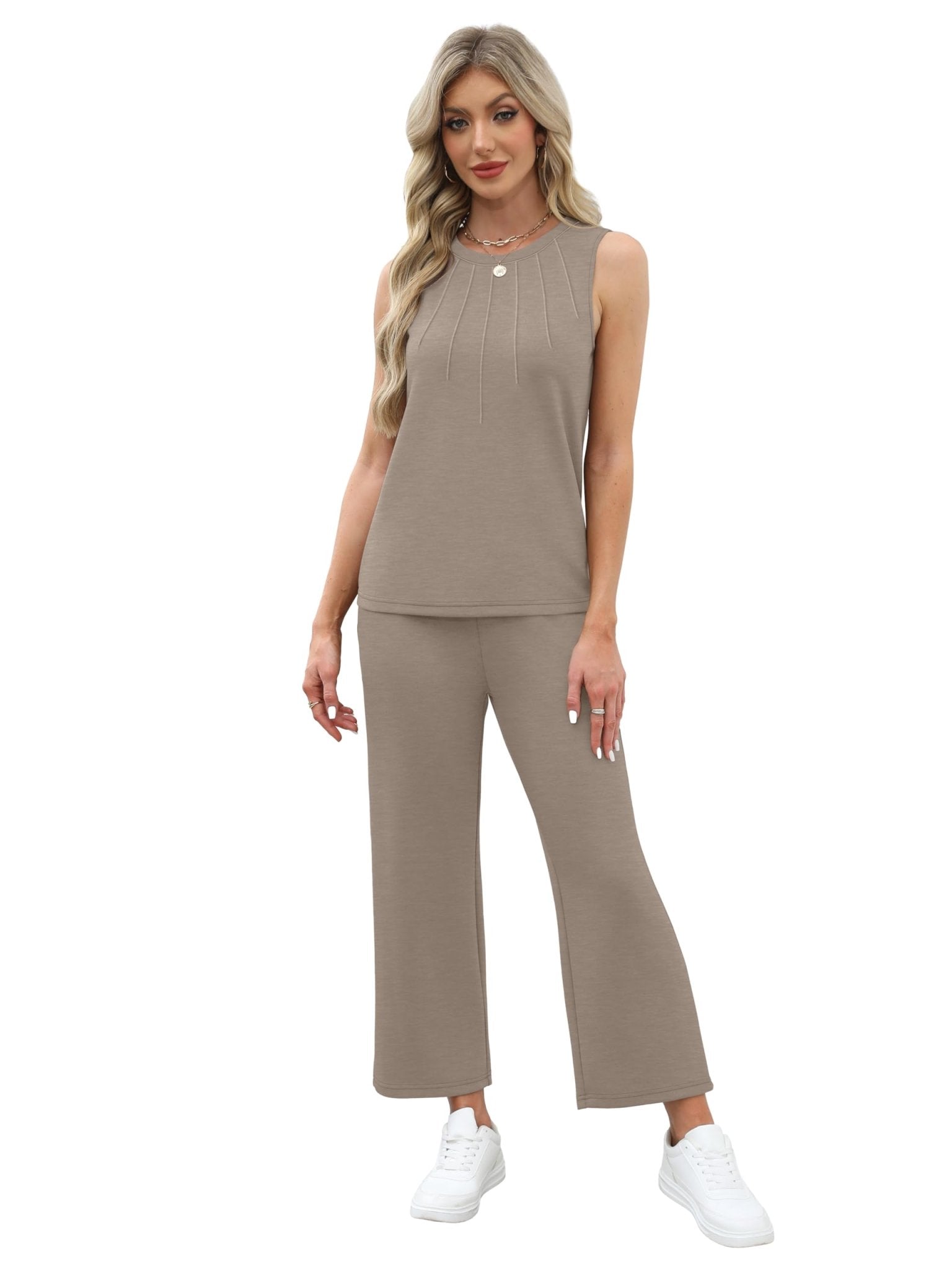 WIHOLL Two Piece Sets for Women Summer Vacation Travel Outfits Pleated Tank Top Wide Leg Crop Pants Matching Lounge Sets