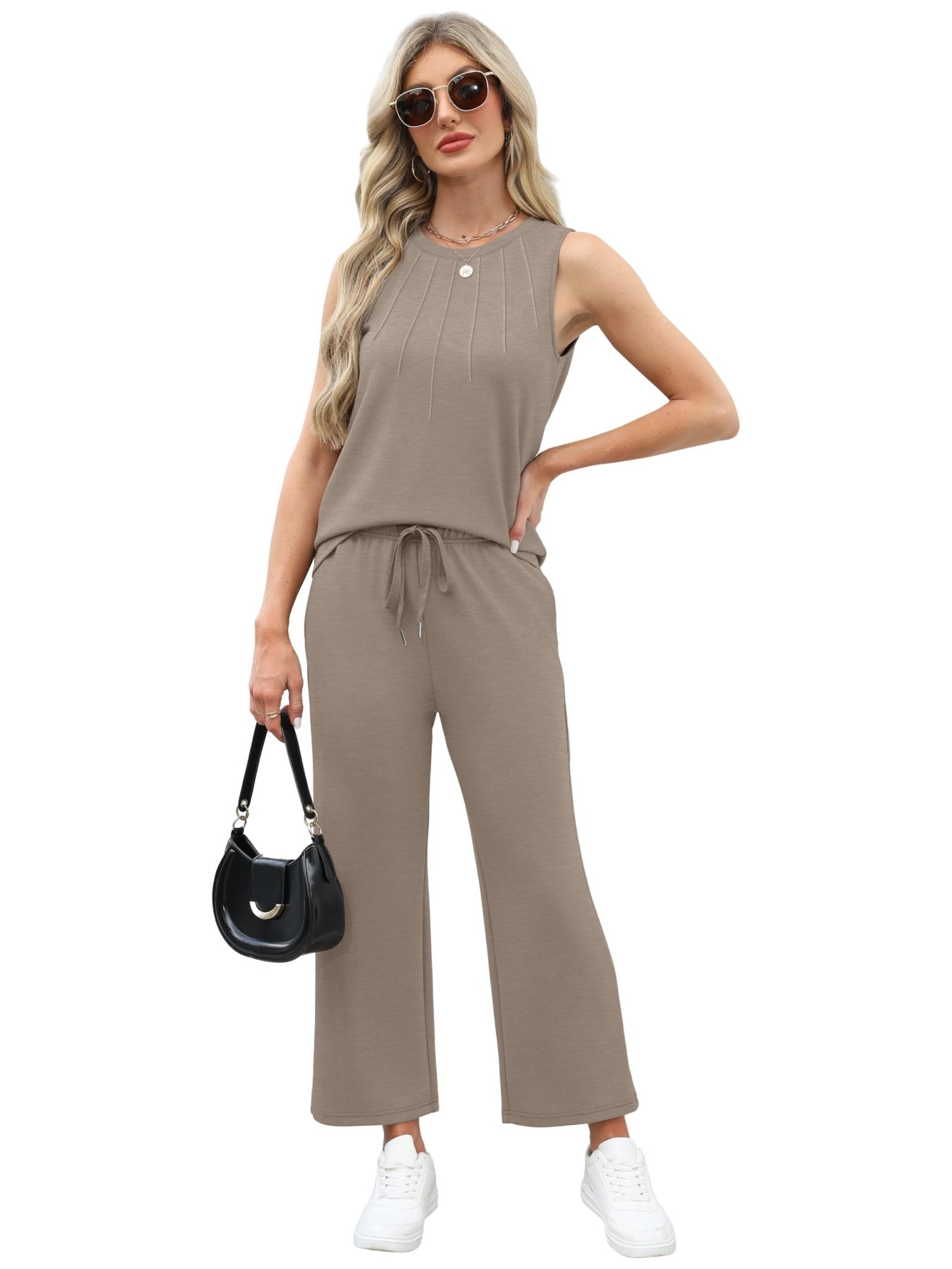 WIHOLL Two Piece Sets for Women Summer Vacation Travel Outfits Pleated Tank Top Wide Leg Crop Pants Matching Lounge Sets